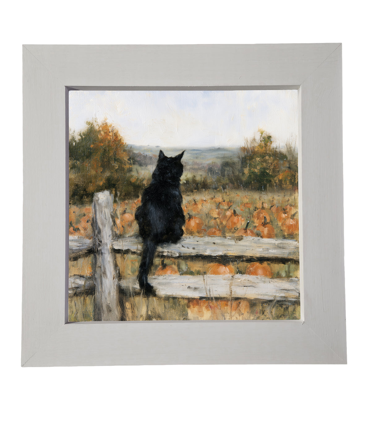 A black cat sits on a wooden fence overlooking a pumpkin field with autumn trees in a rustic, painterly style. — product view 6