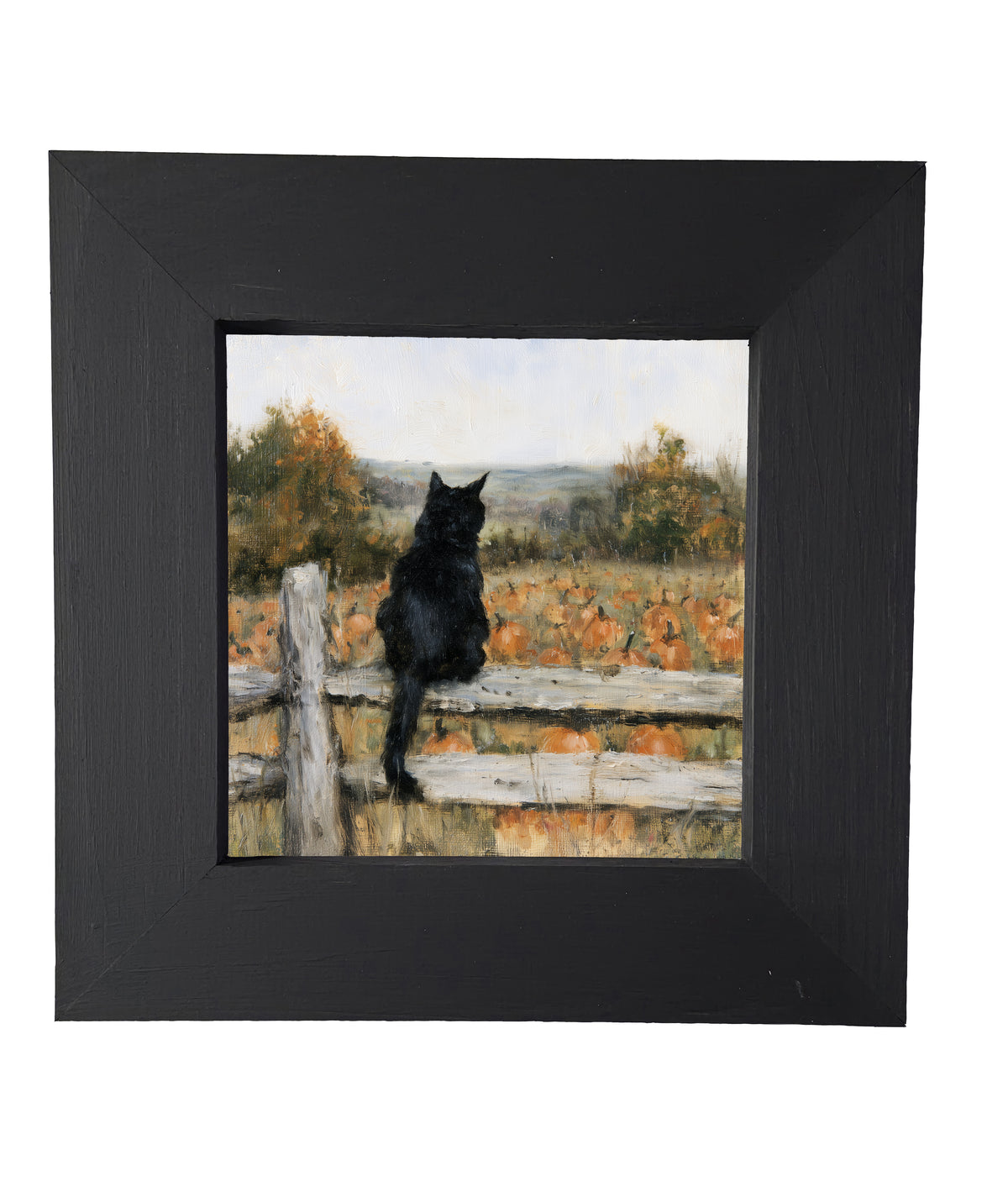 A black cat sits on a wooden fence overlooking a pumpkin field with autumn trees in a rustic, painterly style. — product view 4