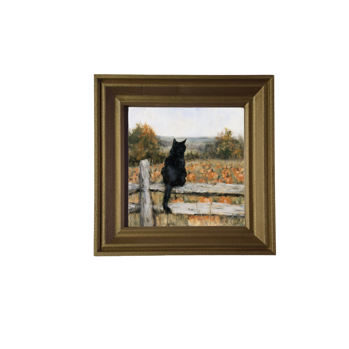A black cat sits on a wooden fence overlooking a pumpkin field with autumn trees in a rustic, painterly style. — product view 2