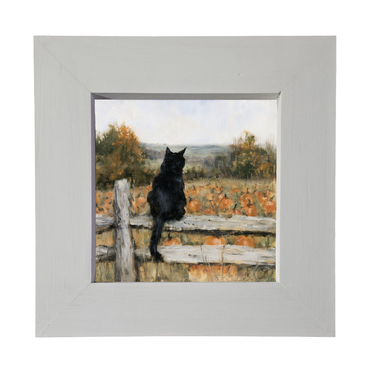 A black cat sits on a wooden fence overlooking a pumpkin field with autumn trees in a rustic, painterly style. — product view 3