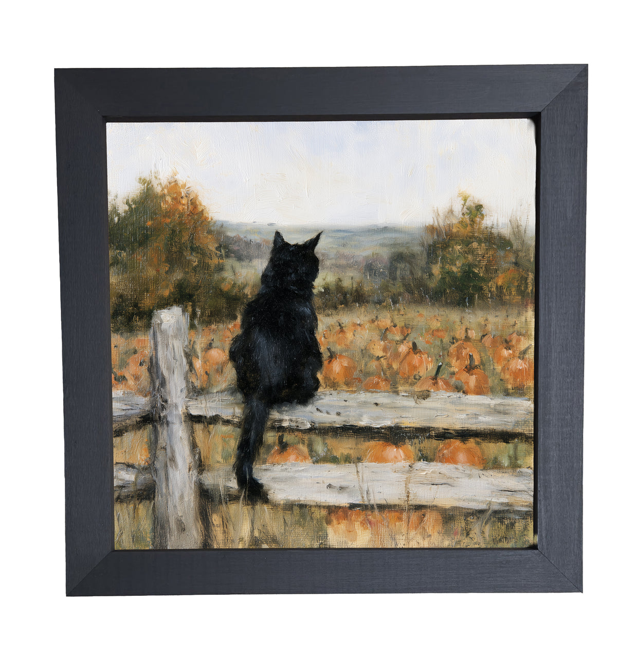 A black cat sits on a wooden fence overlooking a pumpkin field with autumn trees in a rustic, painterly style. — product view 10
