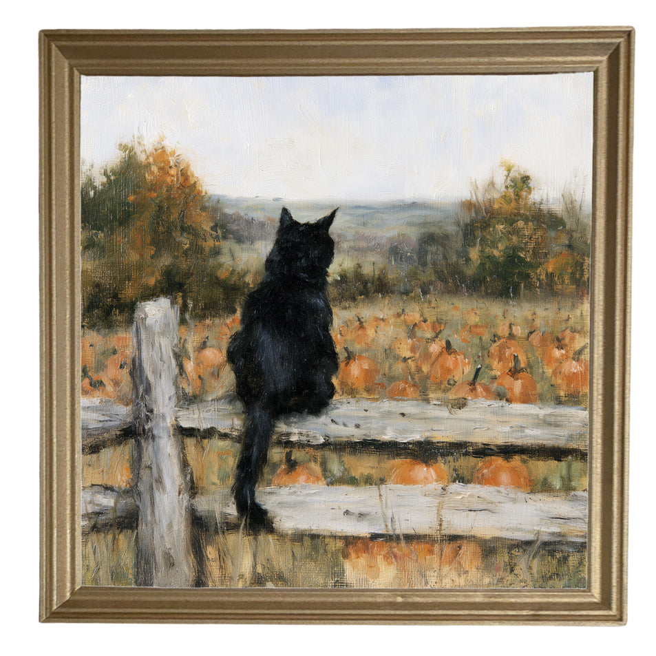 A black cat sits on a wooden fence overlooking a pumpkin field with autumn trees in a rustic, painterly style. — product view 8