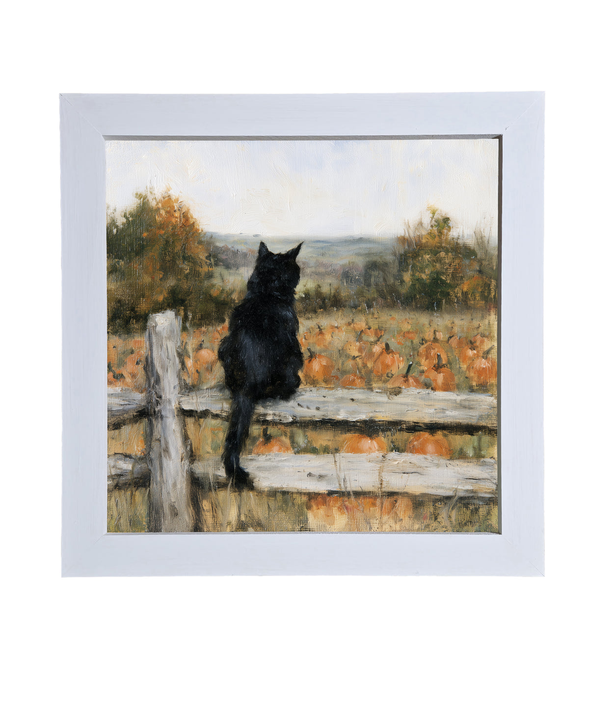A black cat sits on a wooden fence overlooking a pumpkin field with autumn trees in a rustic, painterly style. — product view 9