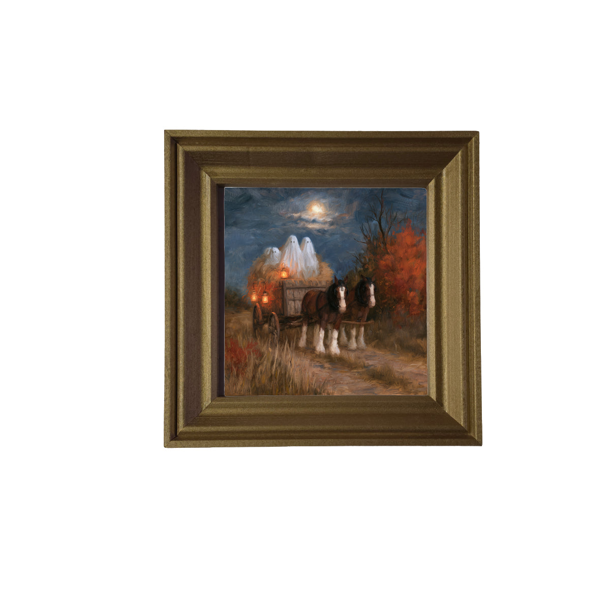 Three ghost figures ride a hay wagon pulled by horses under a moonlit autumn sky with lanterns and fall trees. — product view 2