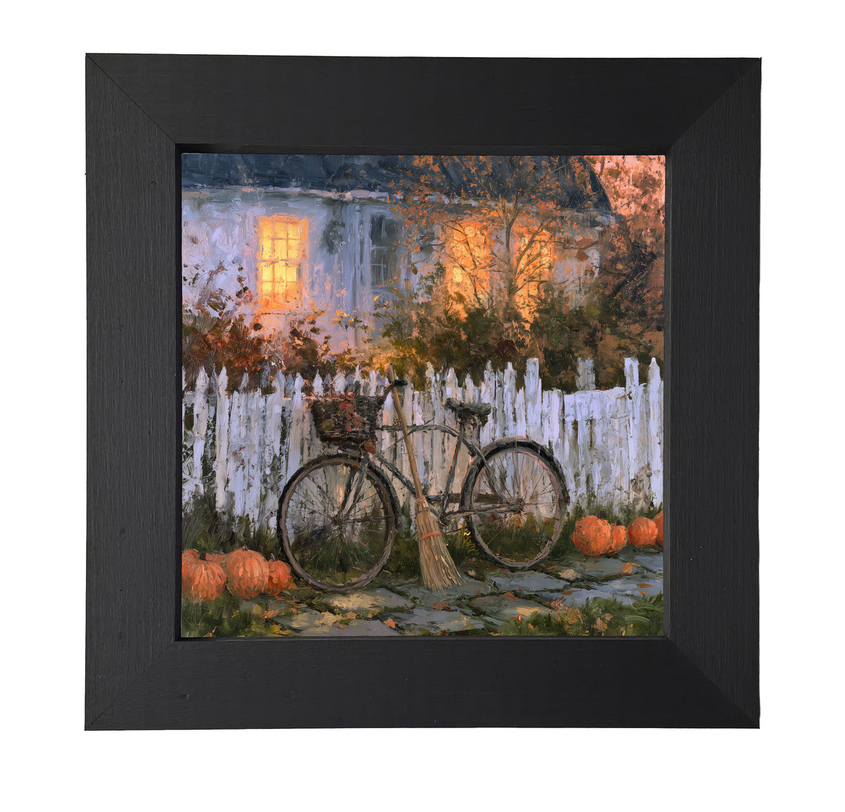 Bicycle leaning against a white picket fence with pumpkins and autumn leaves in front of a warmly lit house — product view 7