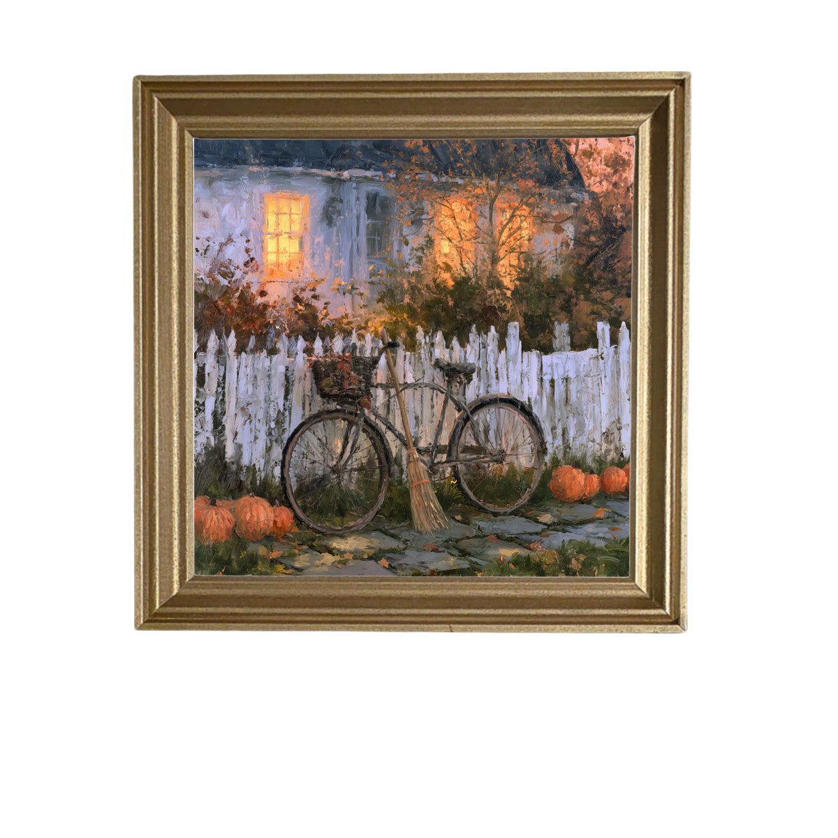 Bicycle leaning against a white picket fence with pumpkins and autumn leaves in front of a warmly lit house — product view 5