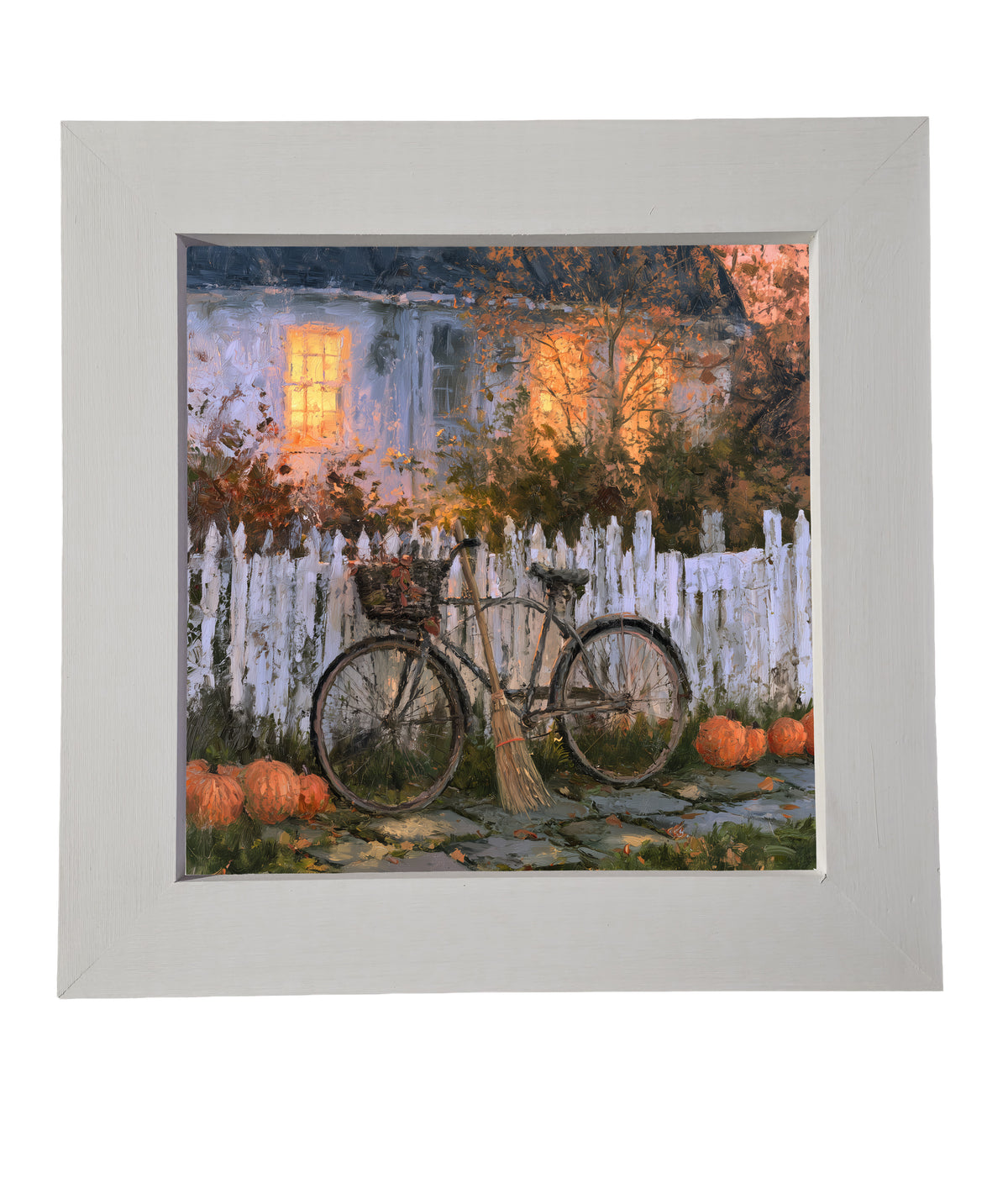 Bicycle leaning against a white picket fence with pumpkins and autumn leaves in front of a warmly lit house — product view 6
