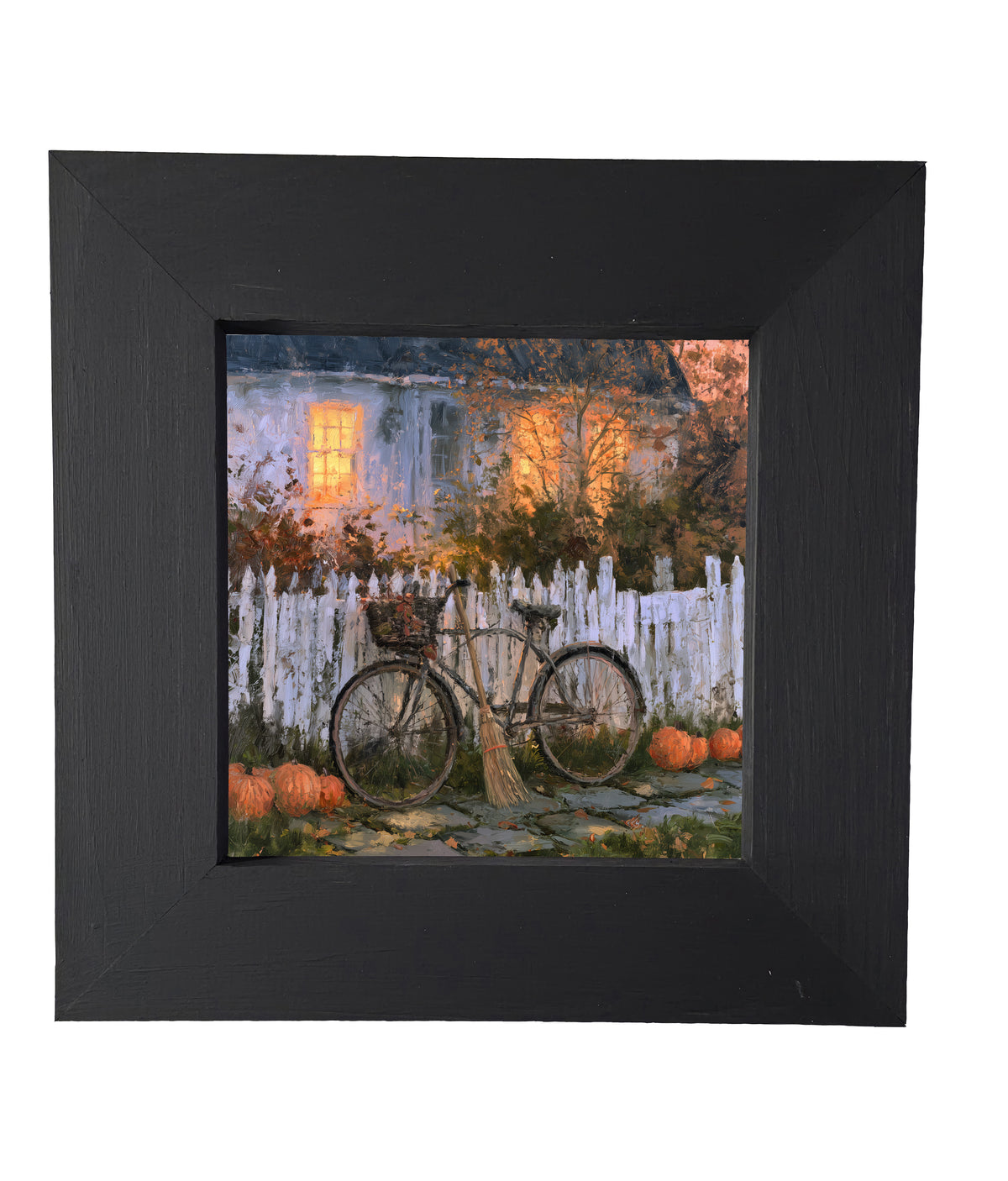Bicycle leaning against a white picket fence with pumpkins and autumn leaves in front of a warmly lit house — product view 4