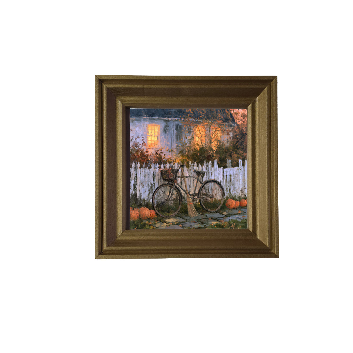 Bicycle leaning against a white picket fence with pumpkins and autumn leaves in front of a warmly lit house — product view 2