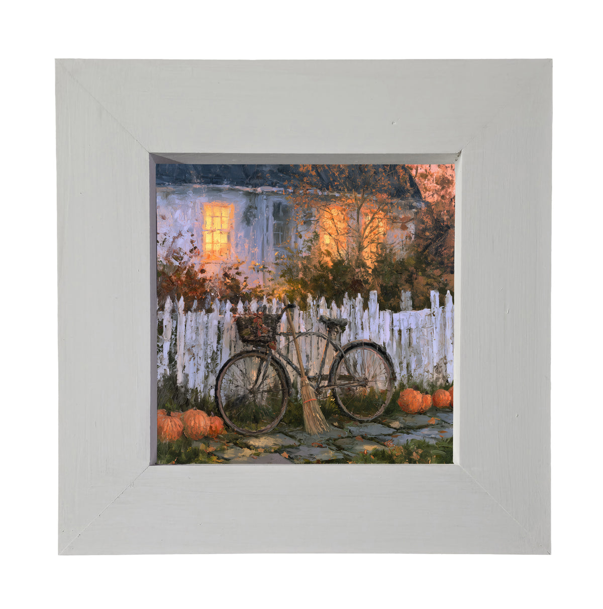 Bicycle leaning against a white picket fence with pumpkins and autumn leaves in front of a warmly lit house — product view 3