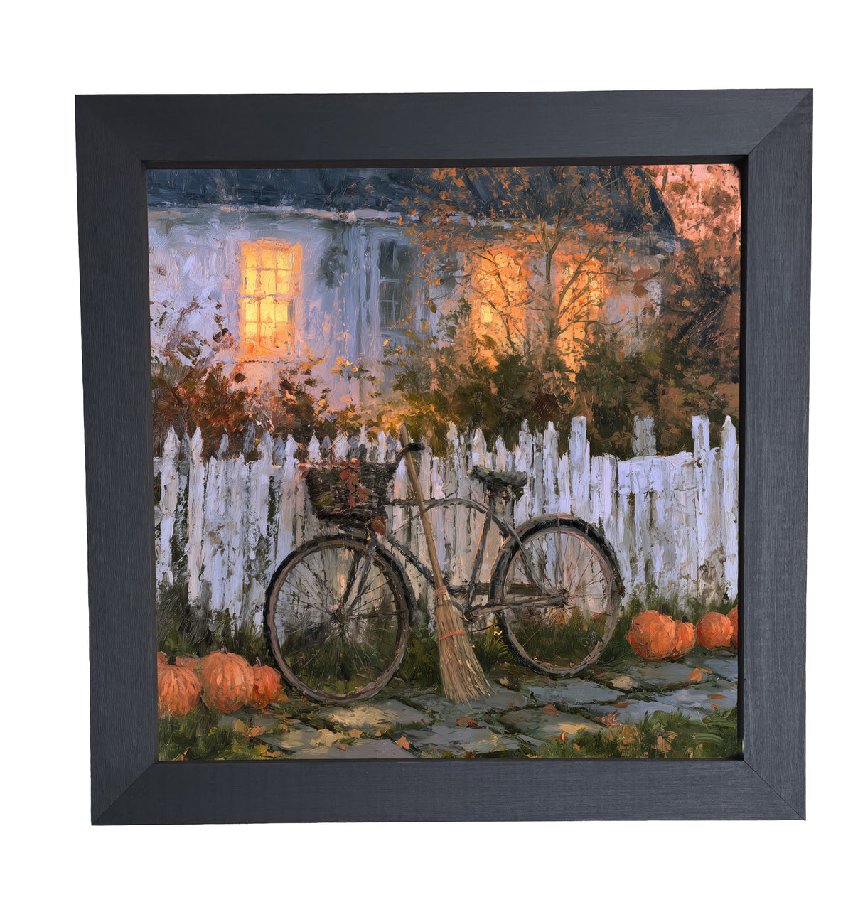 Bicycle leaning against a white picket fence with pumpkins and autumn leaves in front of a warmly lit house — product view 10