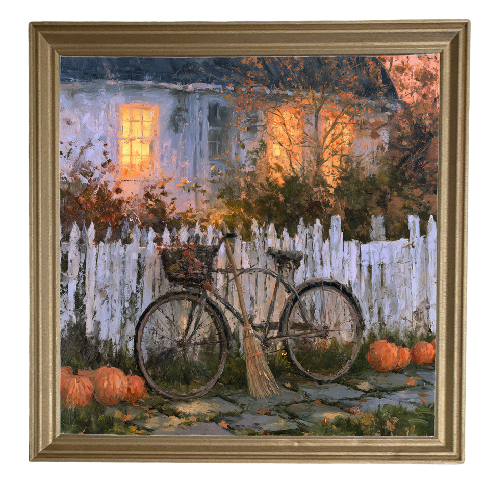 Bicycle leaning against a white picket fence with pumpkins and autumn leaves in front of a warmly lit house — product view 8
