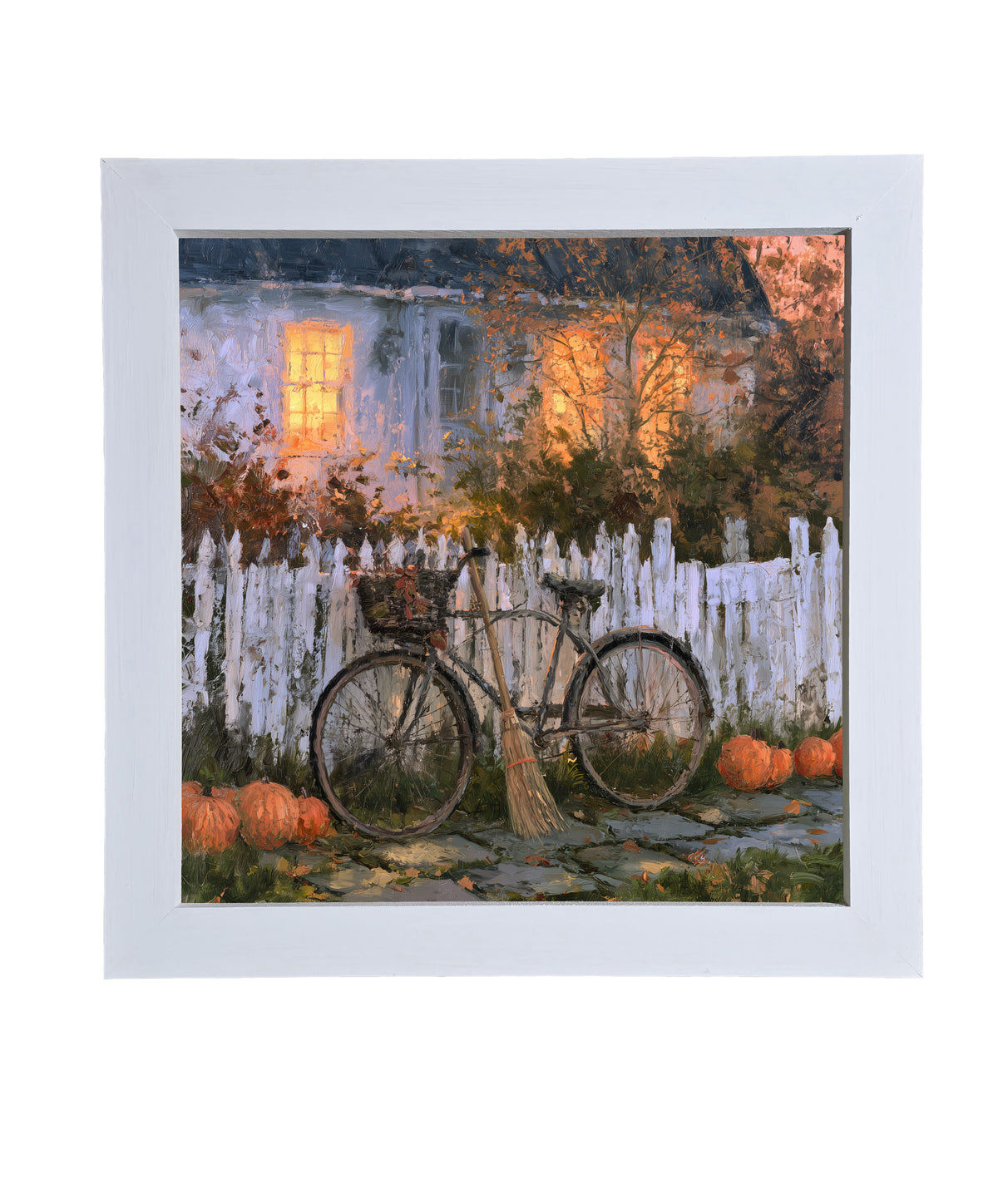 Bicycle leaning against a white picket fence with pumpkins and autumn leaves in front of a warmly lit house — product view 9