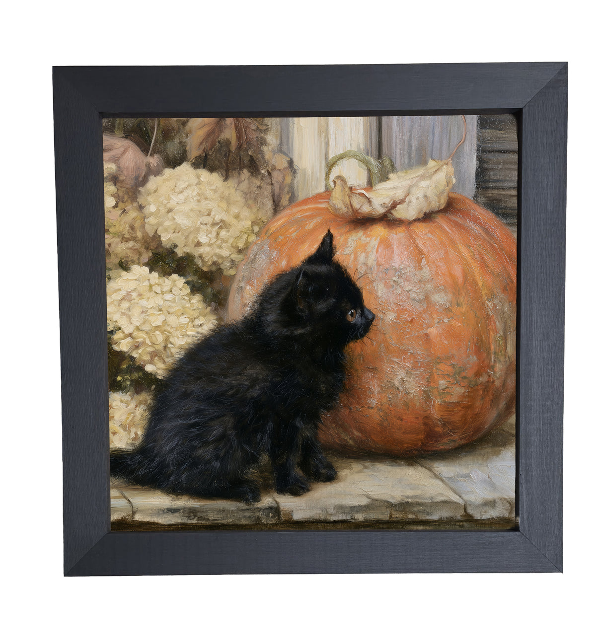 Realistic black kitten sitting beside a golden pumpkin in rustic farmhouse style — product view 10