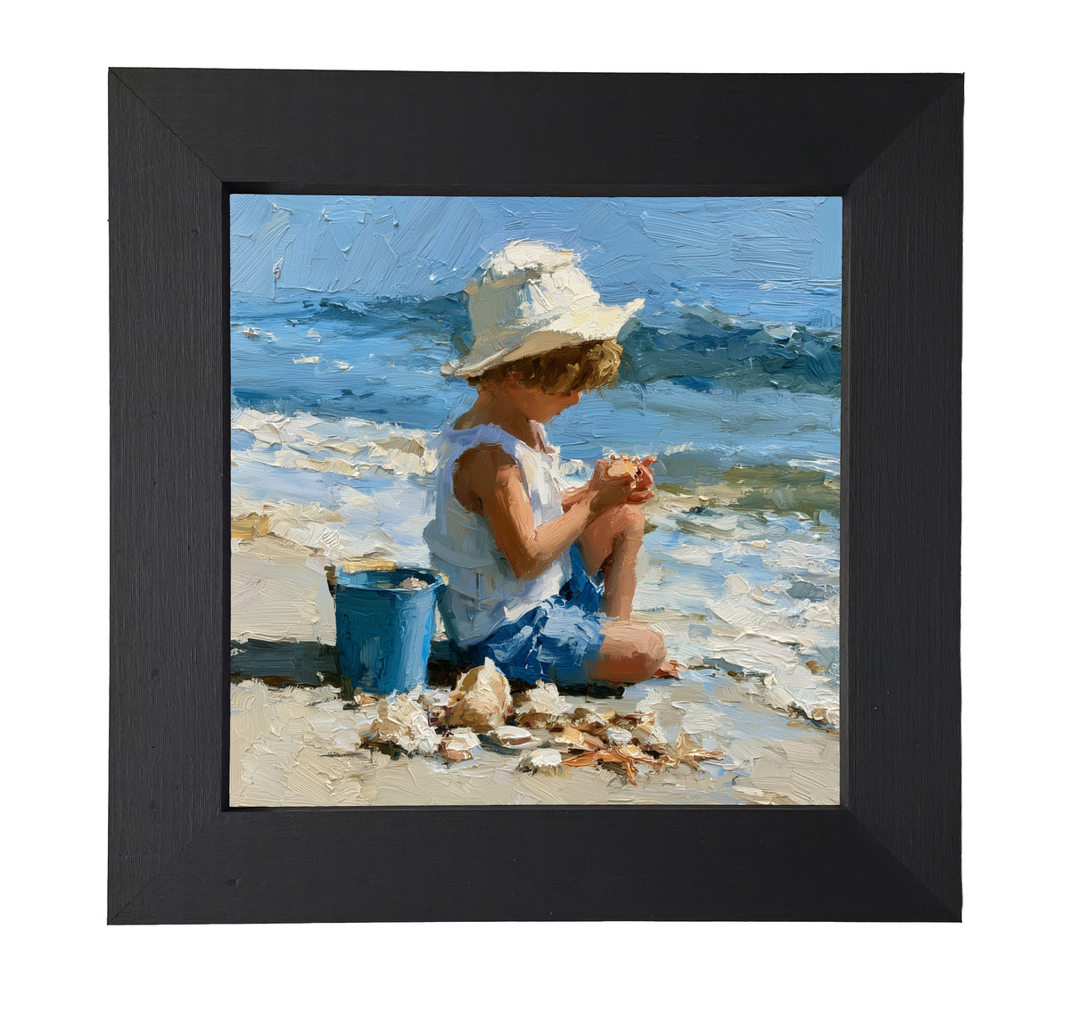 Impressionist painting of a child in summer attire collecting seashells on a sandy beach with a bucket, ocean in the background. — product view 7