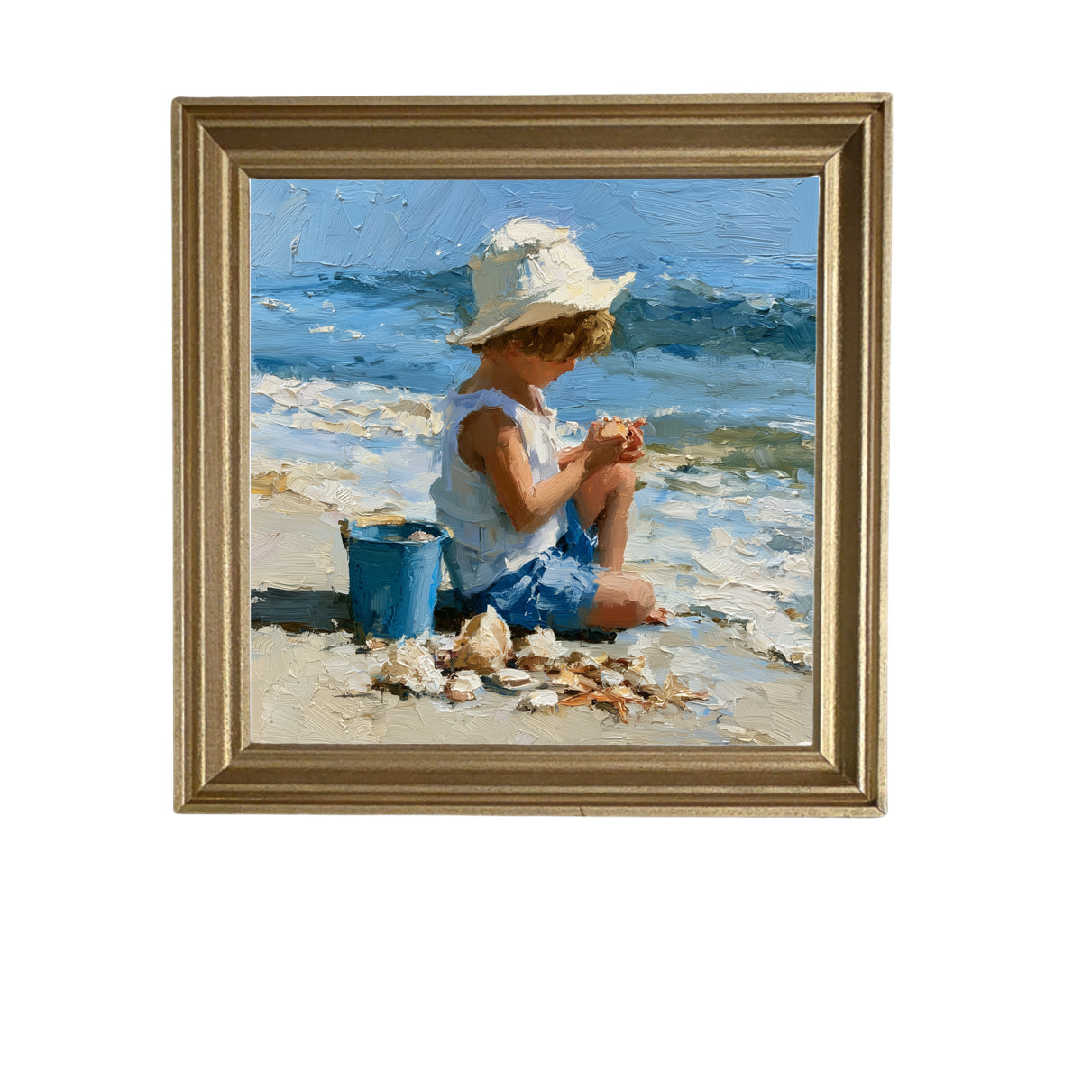 Impressionist painting of a child in summer attire collecting seashells on a sandy beach with a bucket, ocean in the background. — product view 5