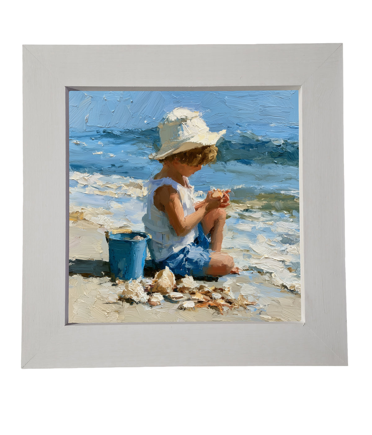 Impressionist painting of a child in summer attire collecting seashells on a sandy beach with a bucket, ocean in the background. — product view 6
