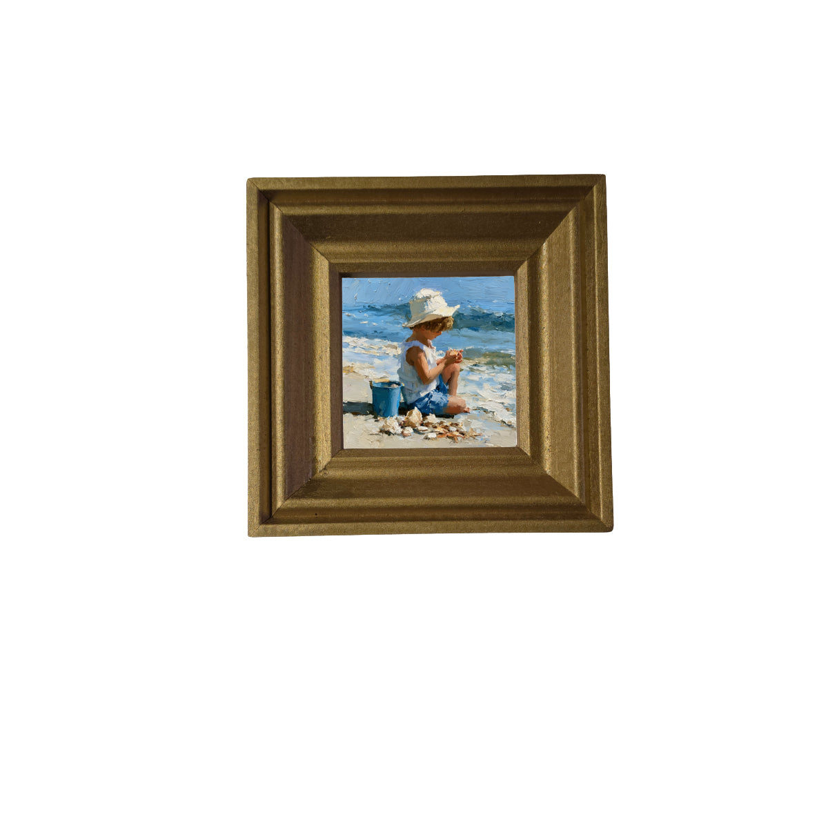 Impressionist painting of a child in summer attire collecting seashells on a sandy beach with a bucket, ocean in the background.