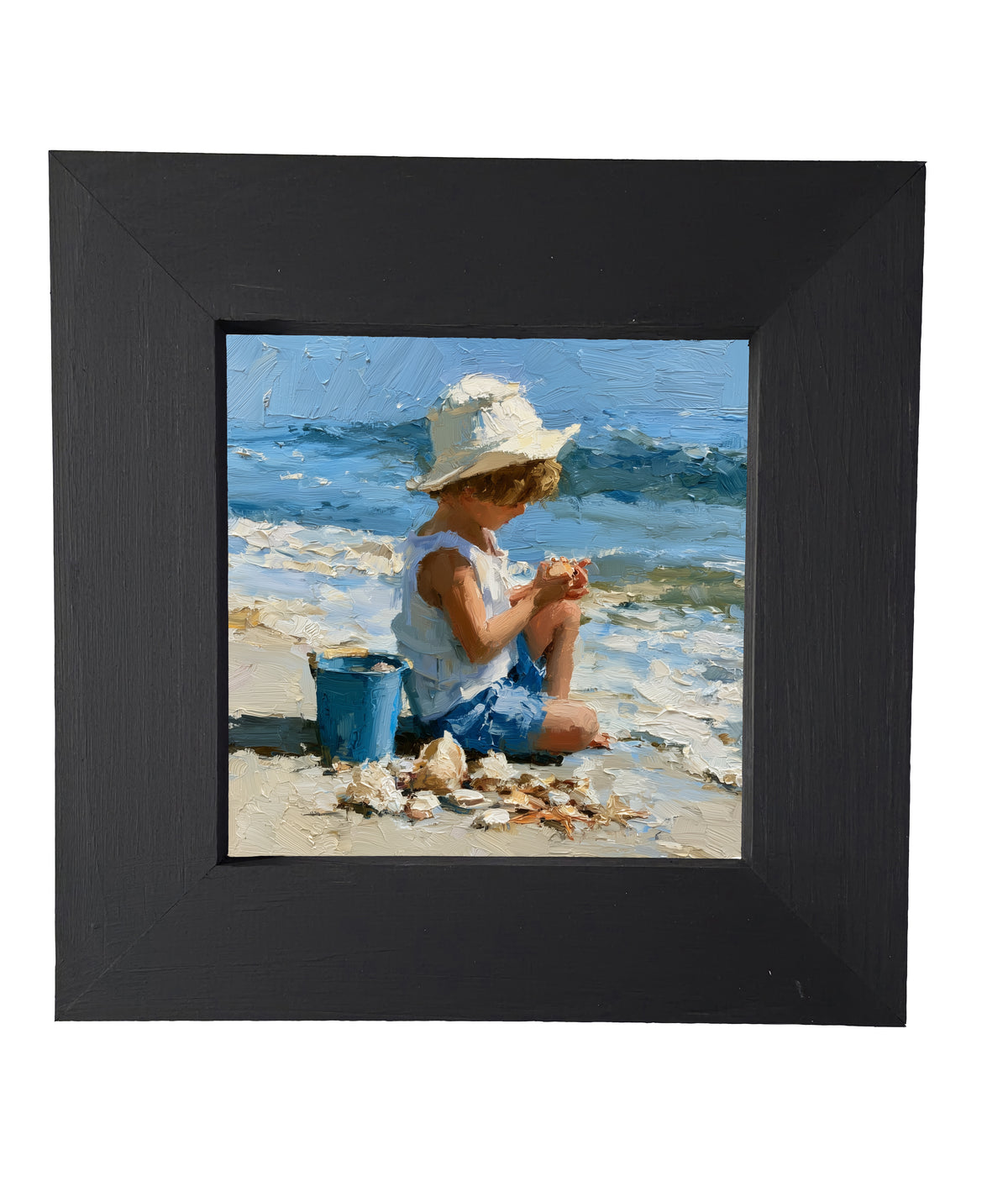 Impressionist painting of a child in summer attire collecting seashells on a sandy beach with a bucket, ocean in the background. — product view 4