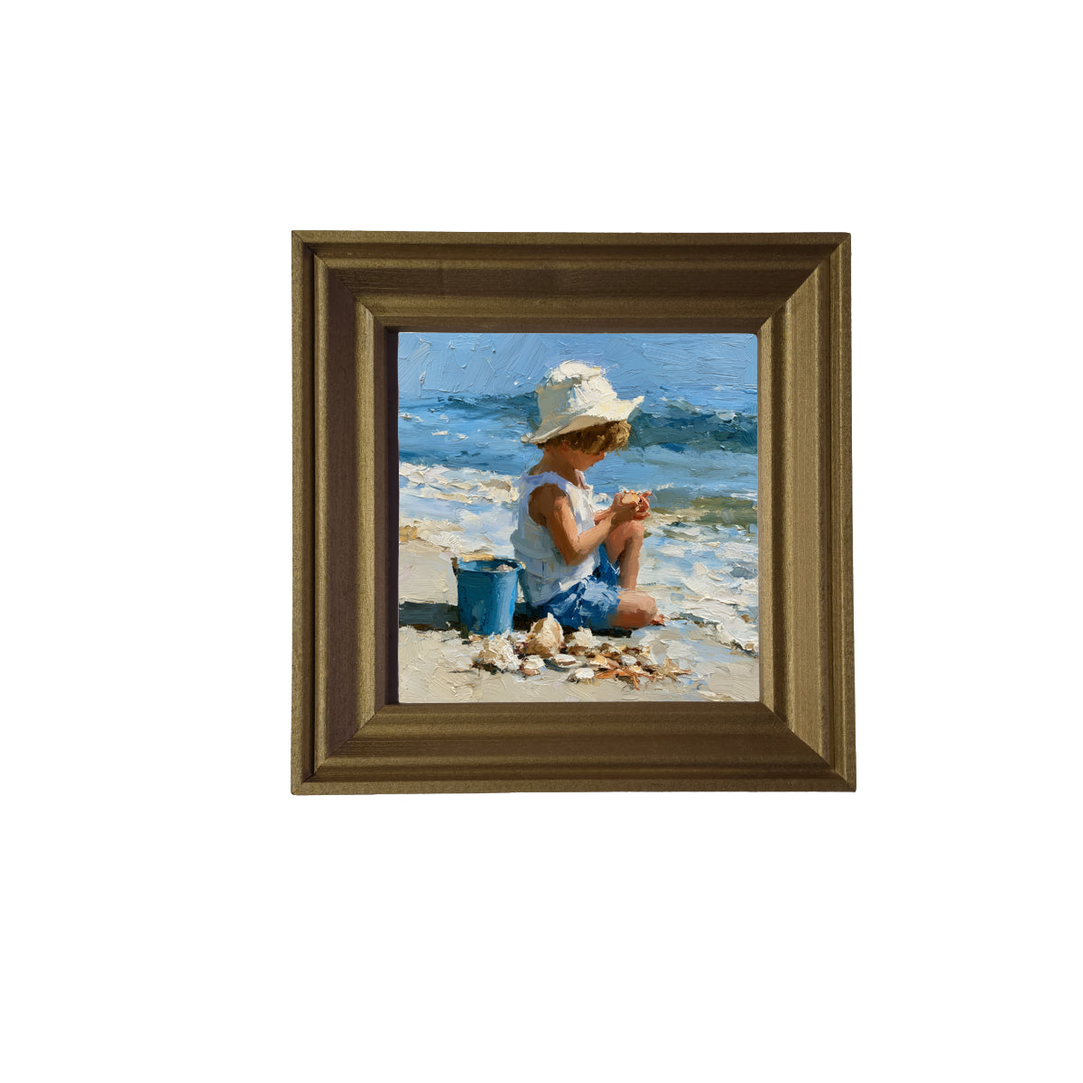 Impressionist painting of a child in summer attire collecting seashells on a sandy beach with a bucket, ocean in the background. — product view 2