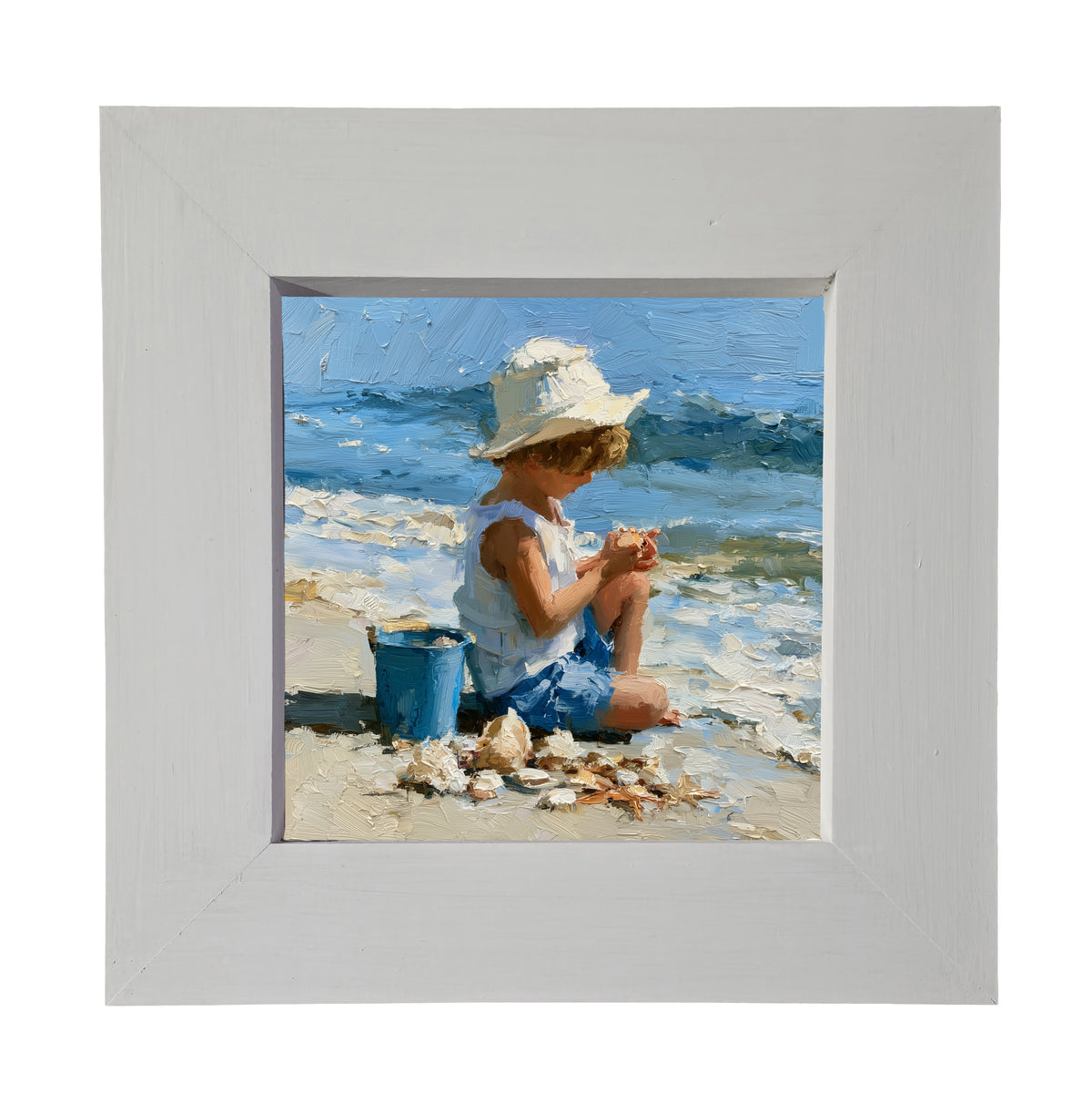 Impressionist painting of a child in summer attire collecting seashells on a sandy beach with a bucket, ocean in the background. — product view 3