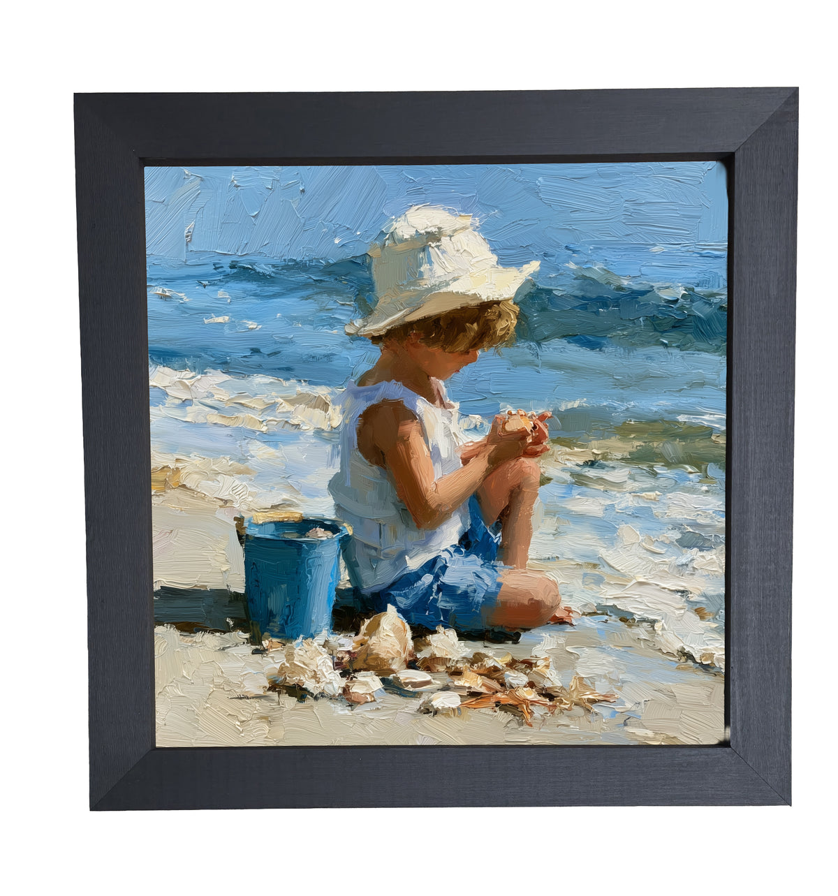 Impressionist painting of a child in summer attire collecting seashells on a sandy beach with a bucket, ocean in the background. — product view 10
