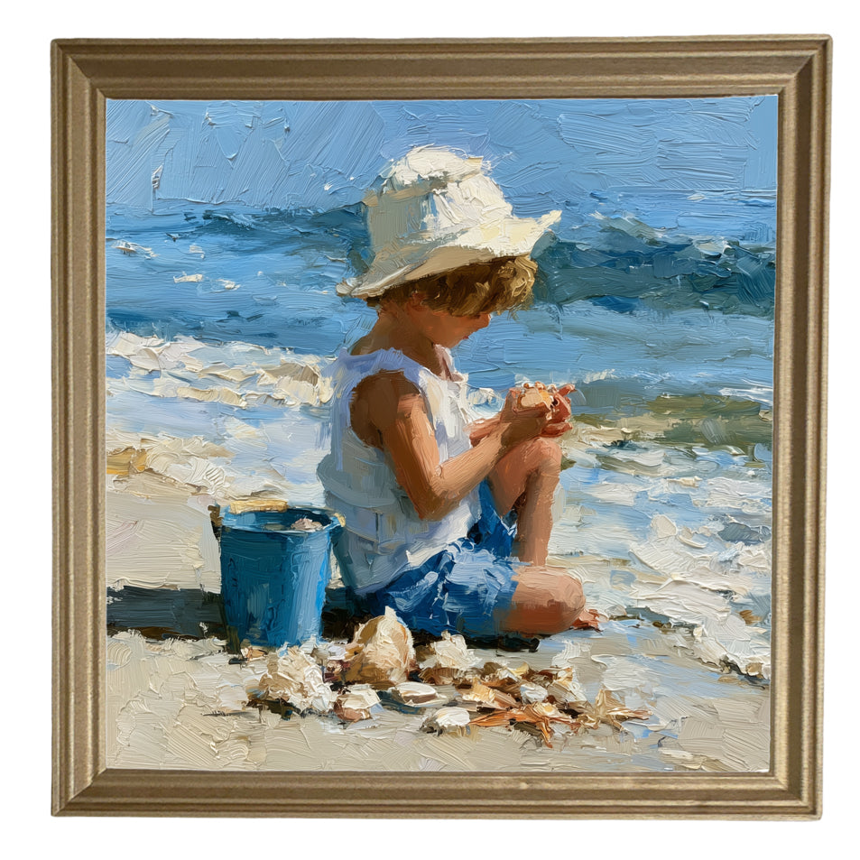 Impressionist painting of a child in summer attire collecting seashells on a sandy beach with a bucket, ocean in the background. — product view 8