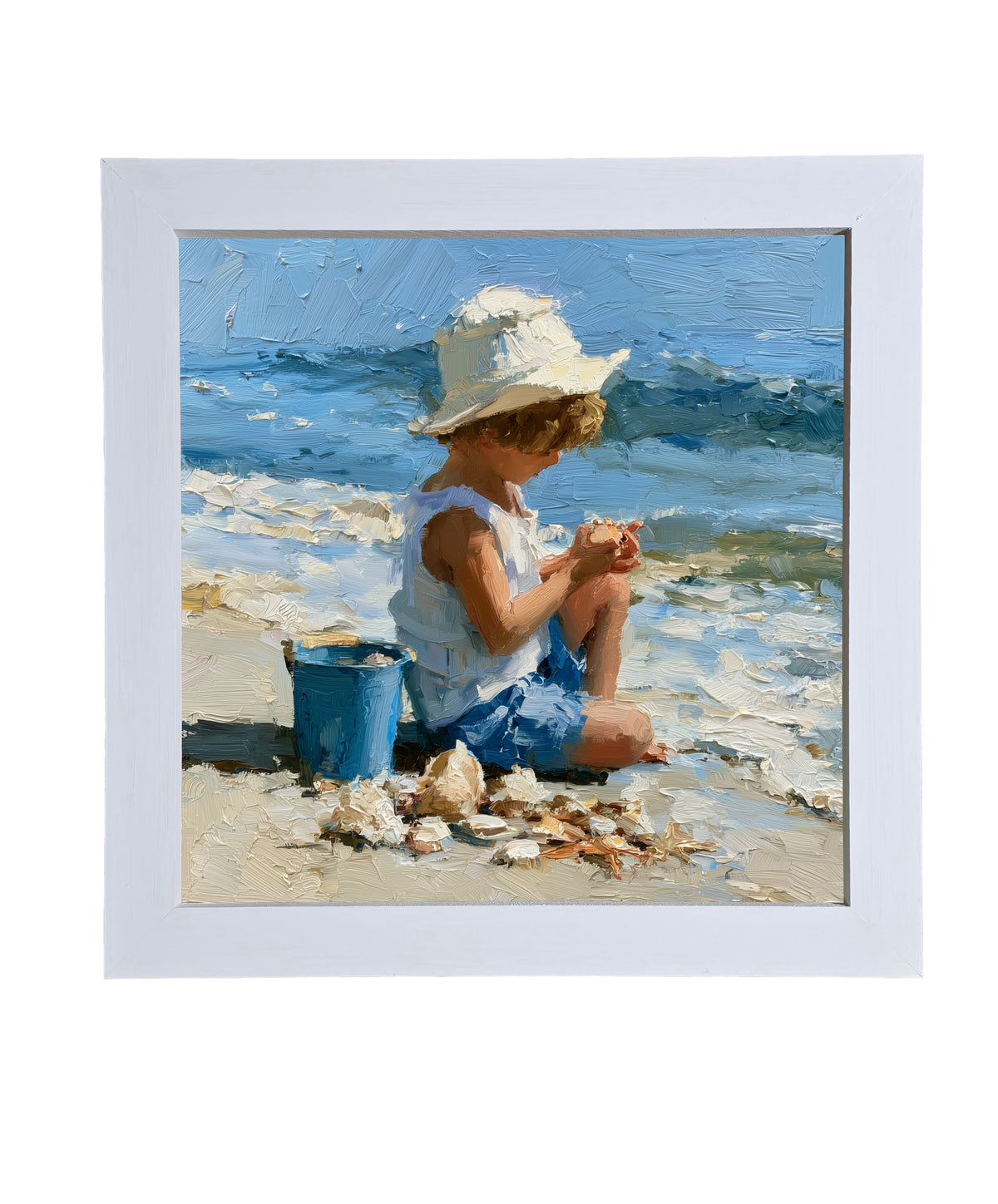 Impressionist painting of a child in summer attire collecting seashells on a sandy beach with a bucket, ocean in the background. — product view 9