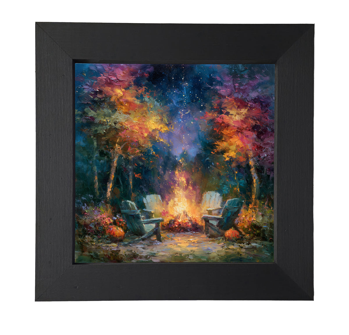 Vibrant rustic campfire scene with two chairs under a starry night sky, surrounded by colorful trees. — product view 7