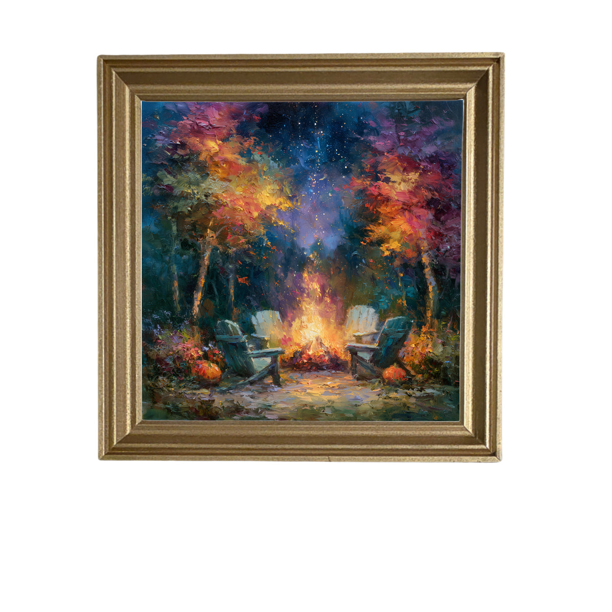 Vibrant rustic campfire scene with two chairs under a starry night sky, surrounded by colorful trees. — product view 5