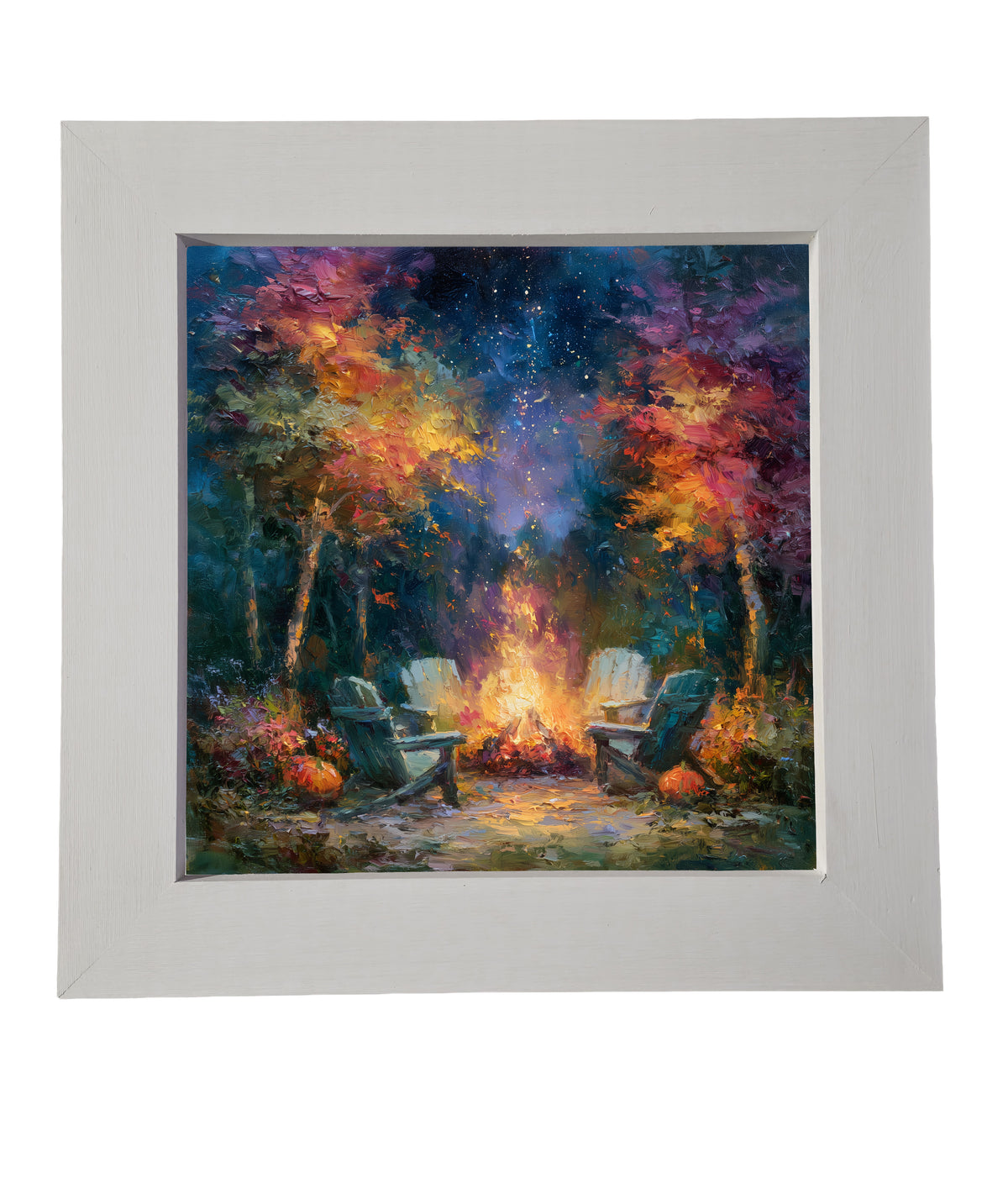 Vibrant rustic campfire scene with two chairs under a starry night sky, surrounded by colorful trees. — product view 6