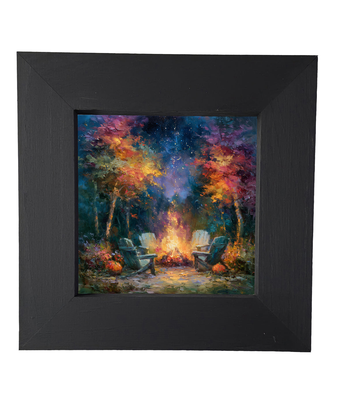 Vibrant rustic campfire scene with two chairs under a starry night sky, surrounded by colorful trees. — product view 4