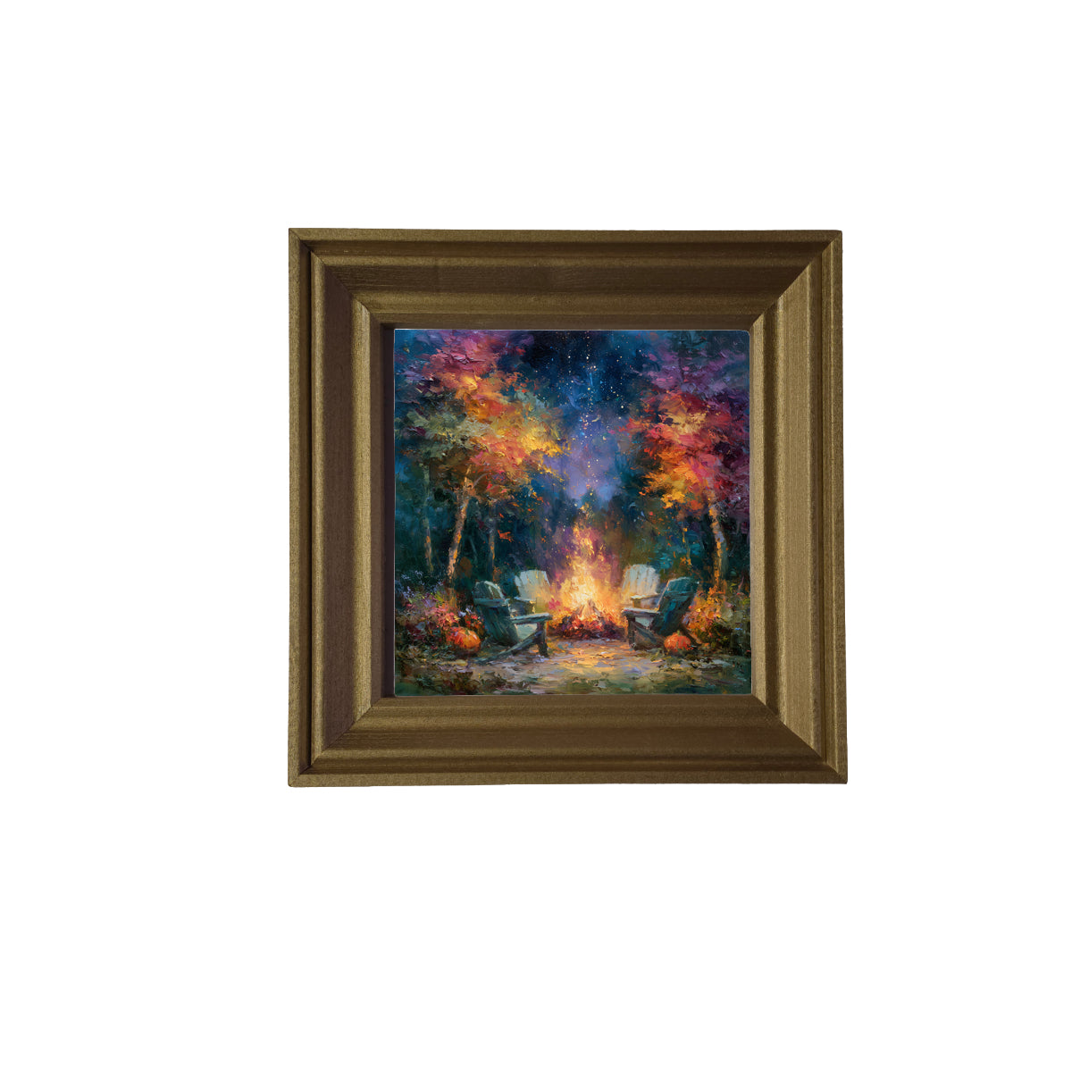 Vibrant rustic campfire scene with two chairs under a starry night sky, surrounded by colorful trees. — product view 2