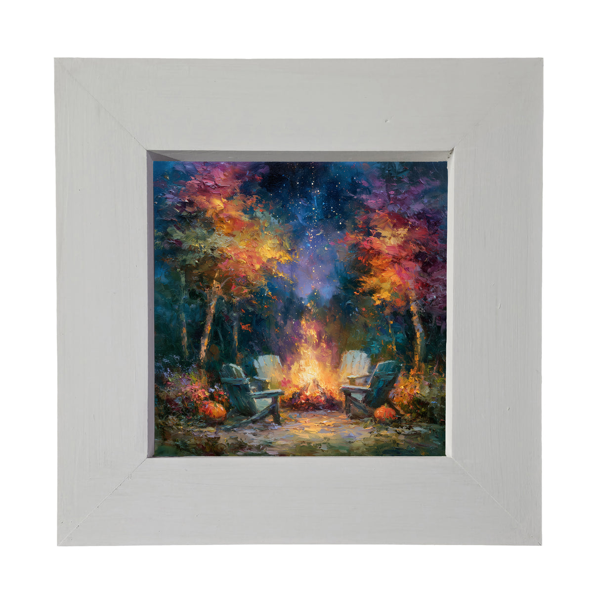 Vibrant rustic campfire scene with two chairs under a starry night sky, surrounded by colorful trees. — product view 3