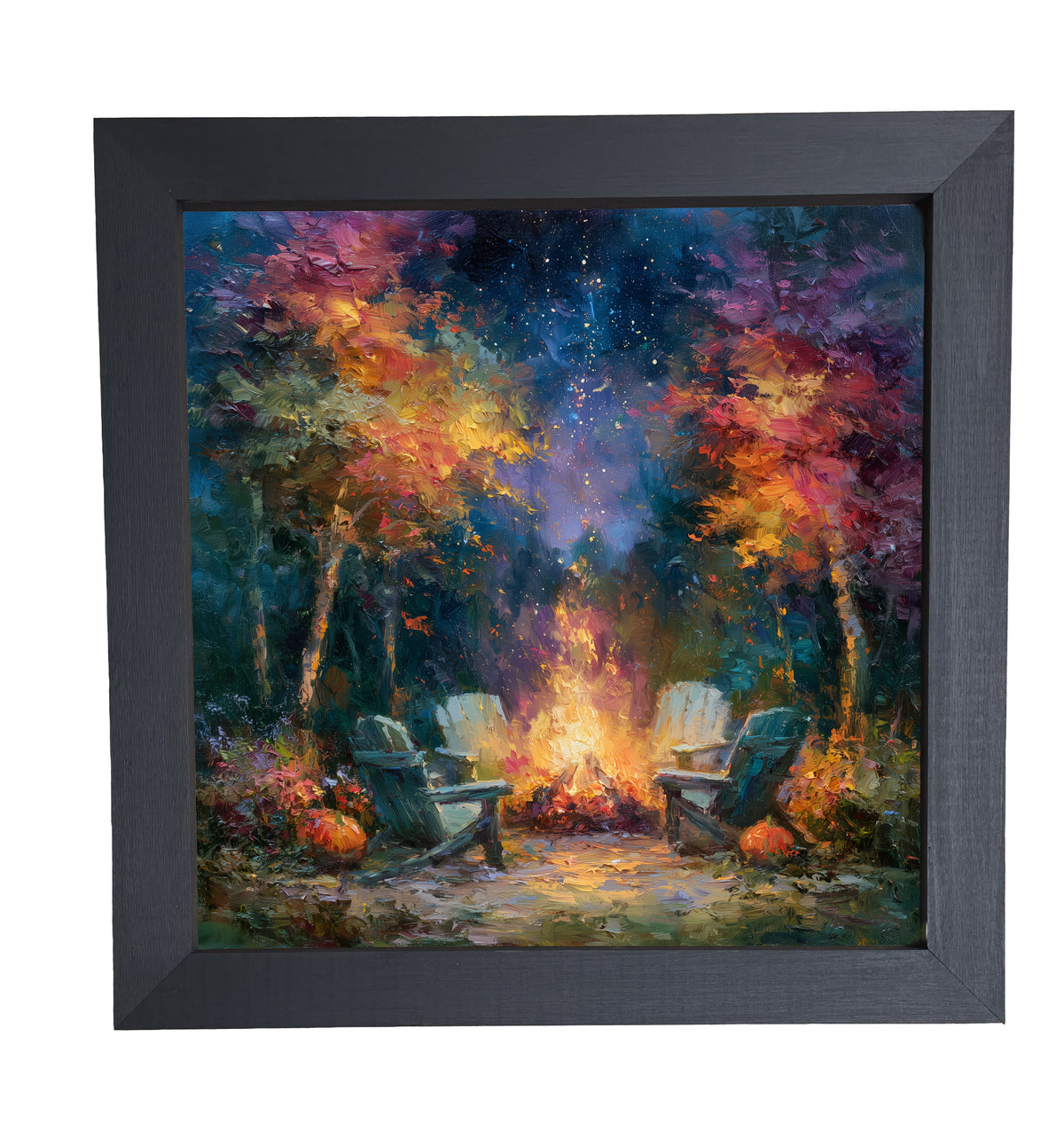 Vibrant rustic campfire scene with two chairs under a starry night sky, surrounded by colorful trees. — product view 10