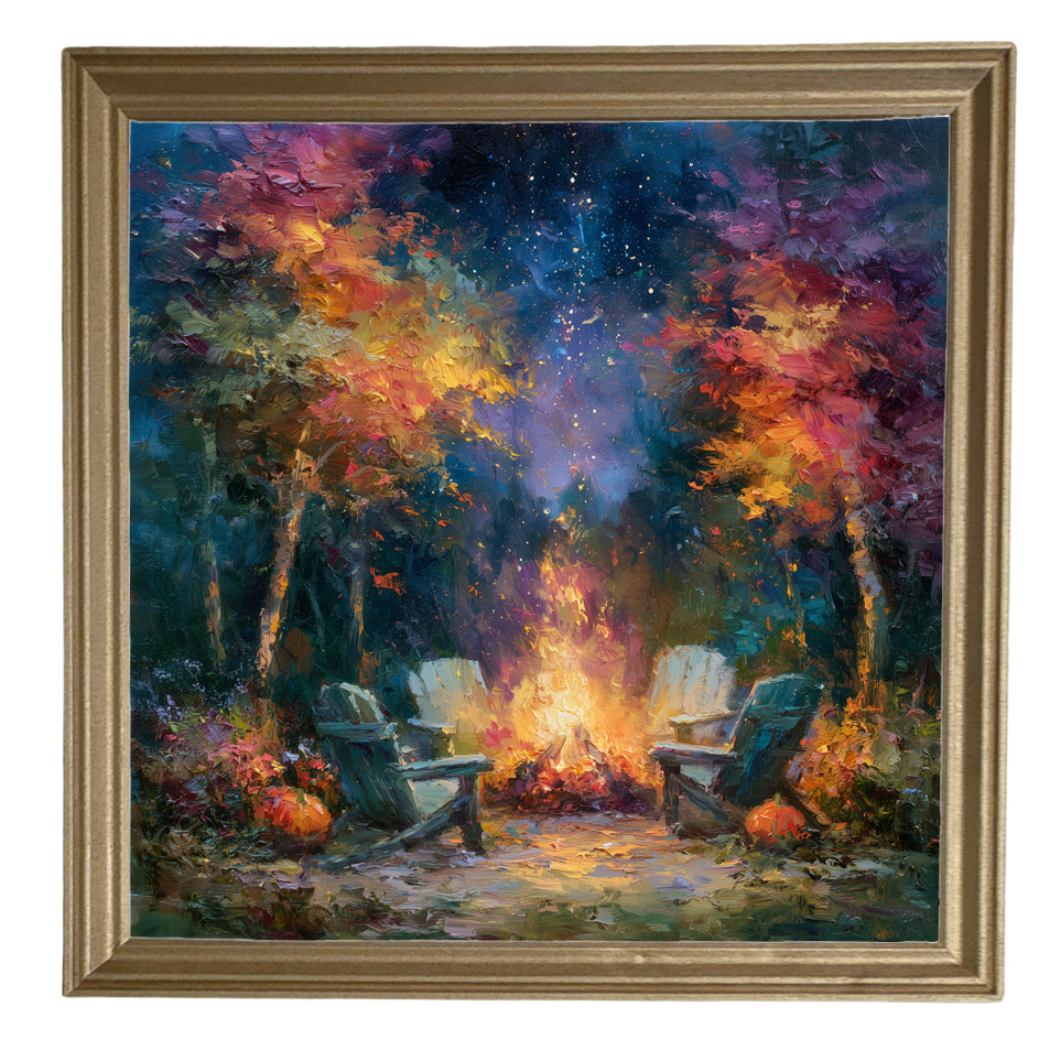 Vibrant rustic campfire scene with two chairs under a starry night sky, surrounded by colorful trees. — product view 8