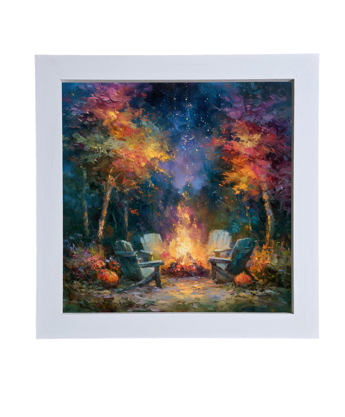 Vibrant rustic campfire scene with two chairs under a starry night sky, surrounded by colorful trees. — product view 9