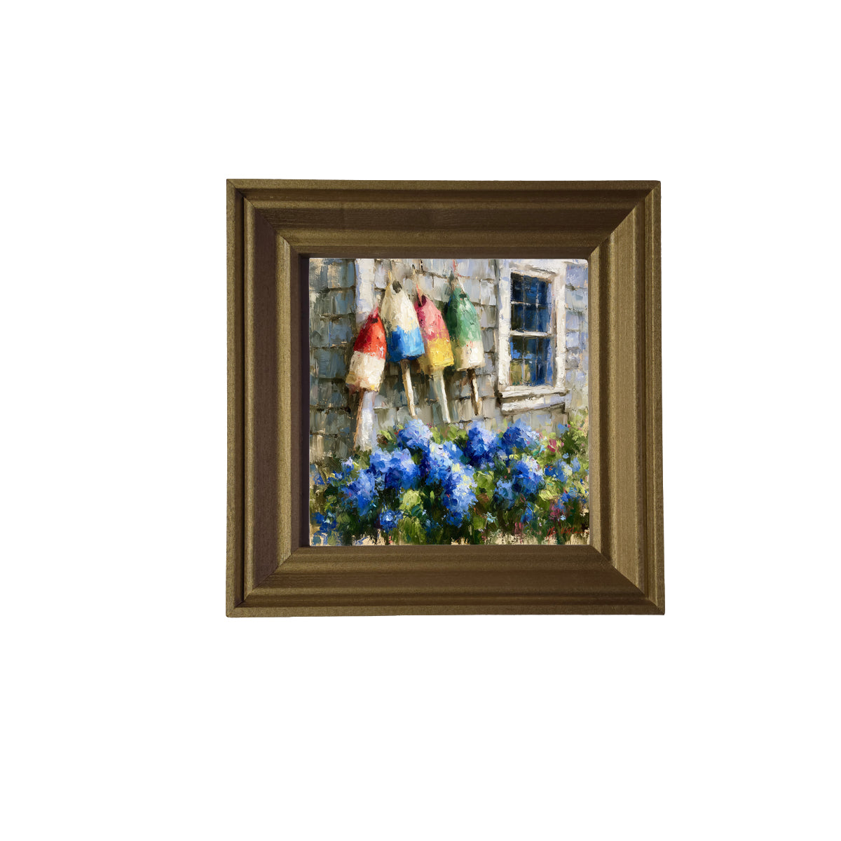 Colorful lobster buoys hang on a weathered cottage wall above blooming blue hydrangeas in a rustic coastal scene. — product view 2