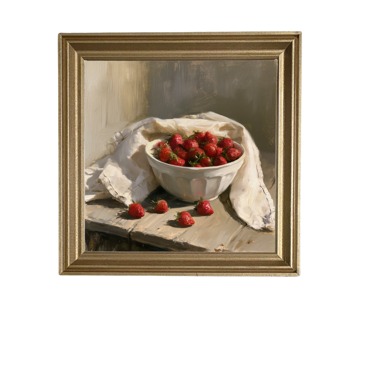 Ceramic bowl filled with fresh strawberries, farmhouse style, framed art — product view 5
