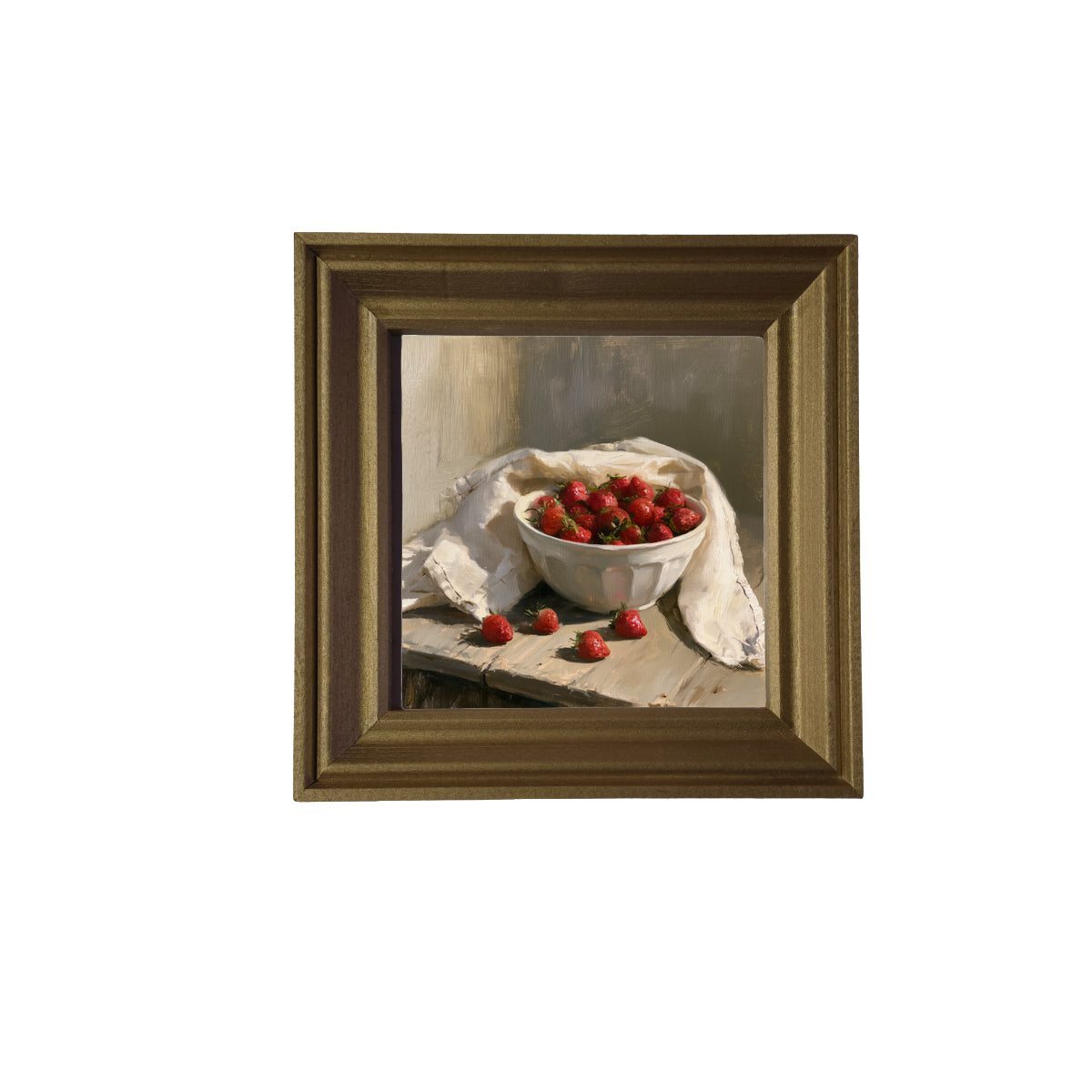 Ceramic bowl filled with fresh strawberries, farmhouse style, framed art — product view 2