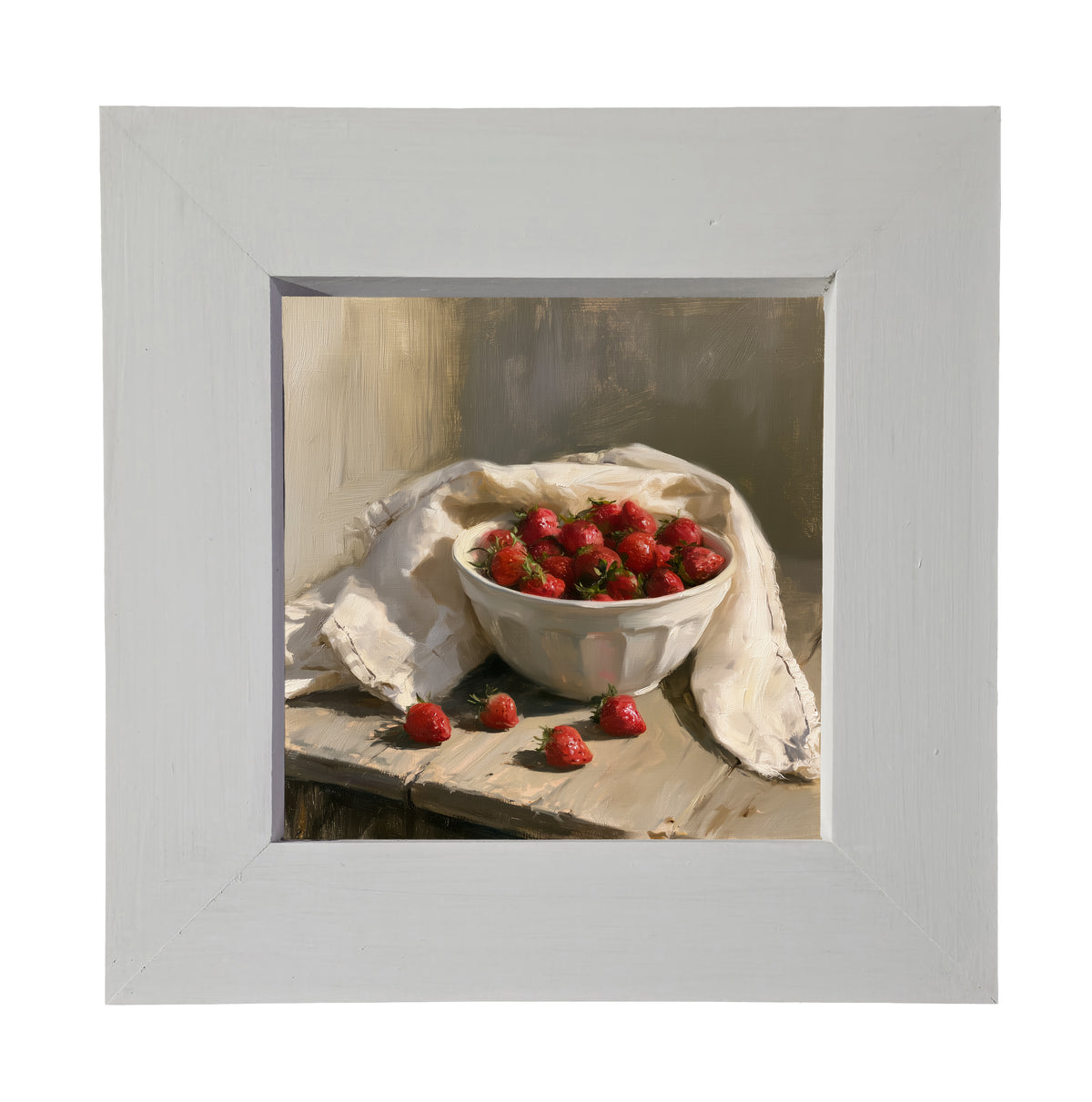 Ceramic bowl filled with fresh strawberries, farmhouse style, framed art — product view 3