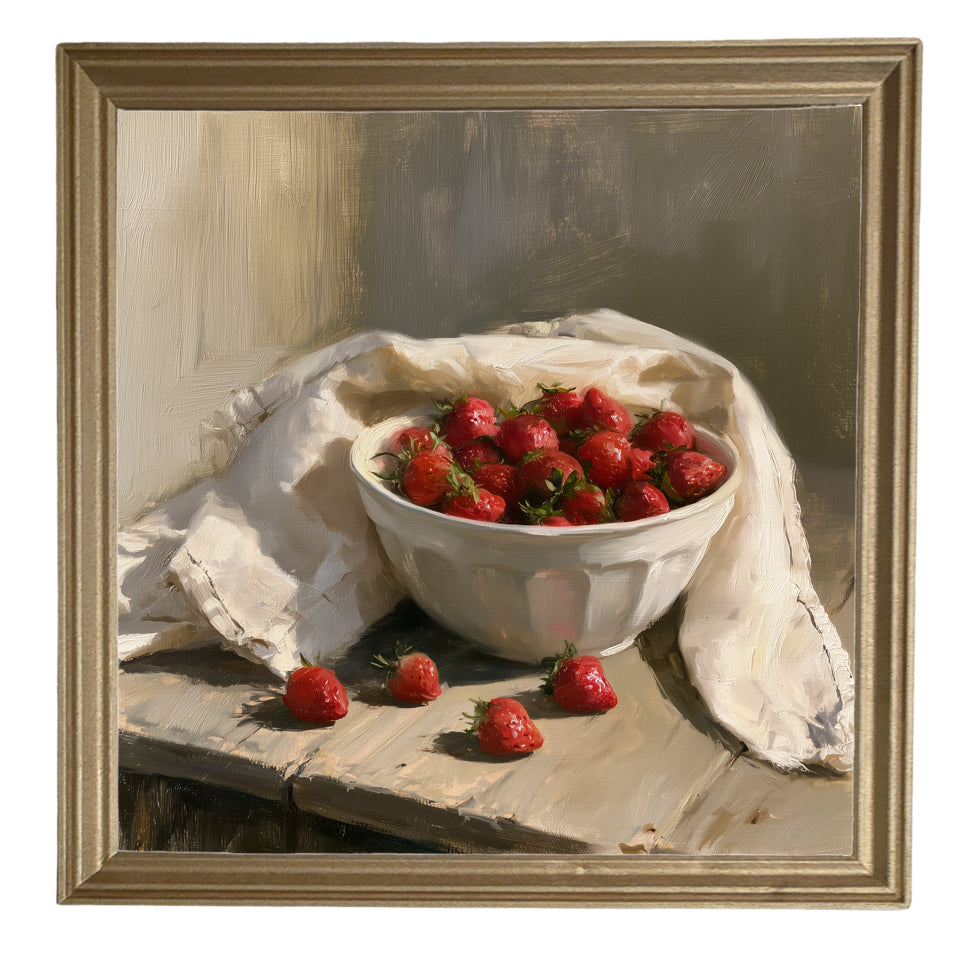 Ceramic bowl filled with fresh strawberries, farmhouse style, framed art — product view 8
