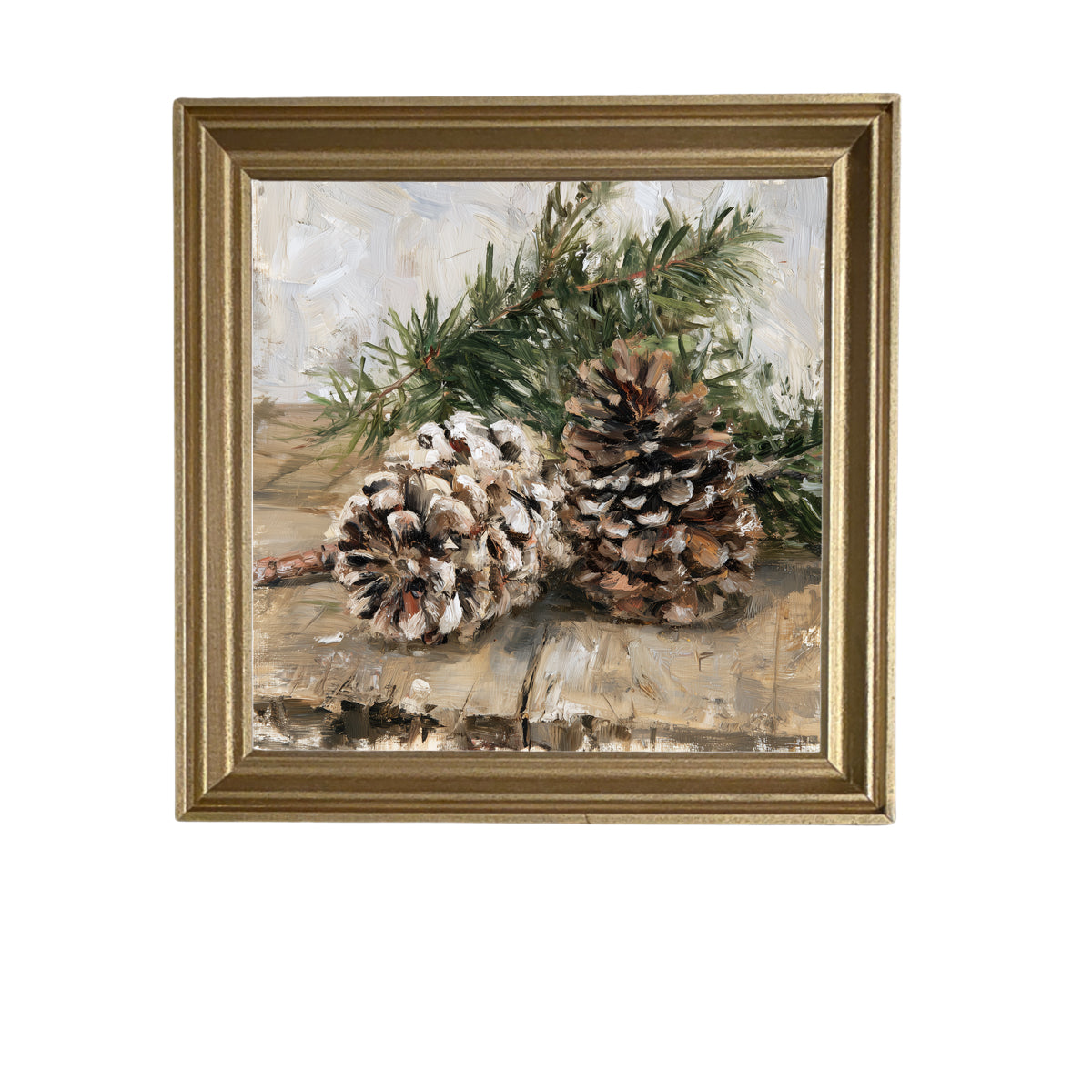 Painterly artwork of pinecones and a pine branch on a rustic wooden table — product view 6