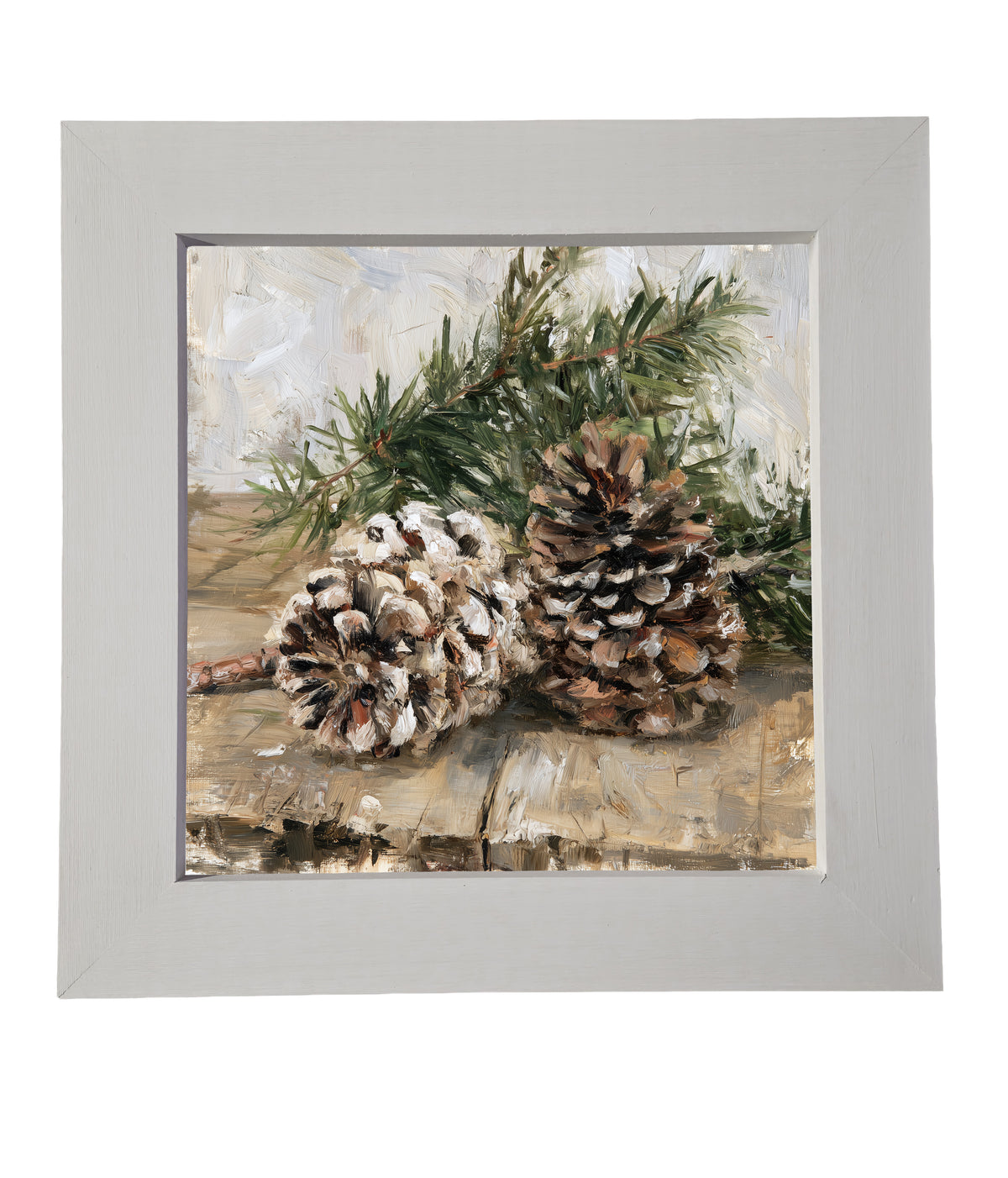 Painterly artwork of pinecones and a pine branch on a rustic wooden table