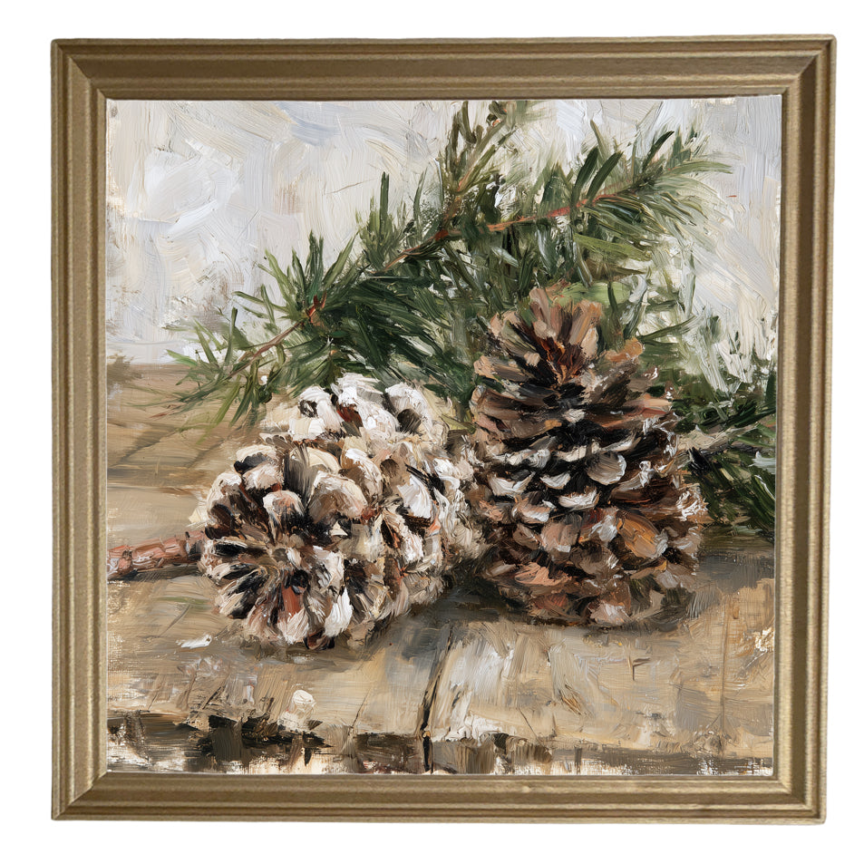Painterly artwork of pinecones and a pine branch on a rustic wooden table — product view 8