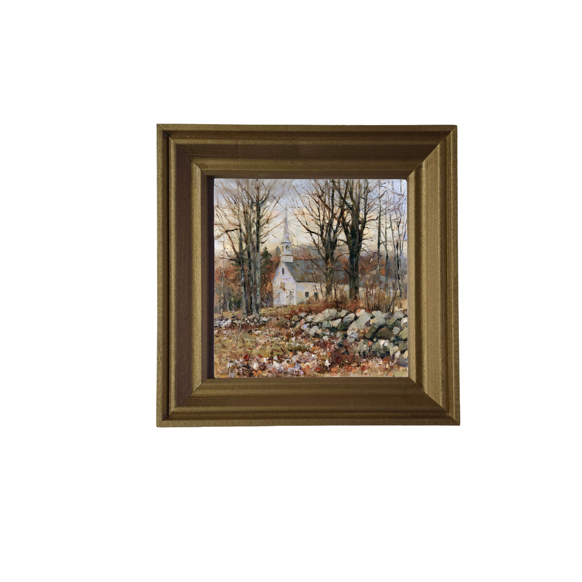 white country church with stone wall and autumn leaves in a rustic painterly landscape — product view 3