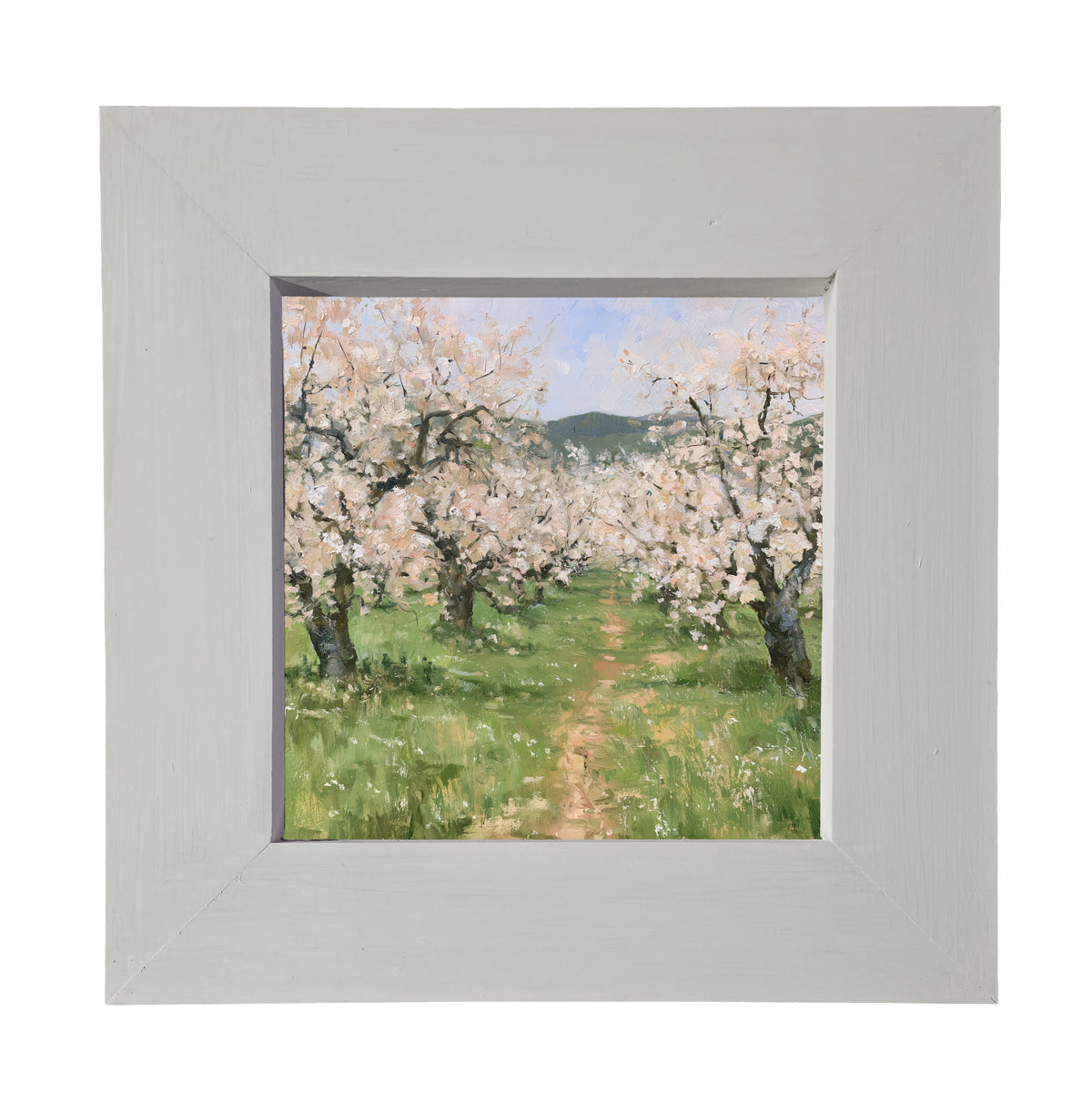 old apple orchard in full spring bloom with green foliage and white blossoms, framed wall art — product view 4