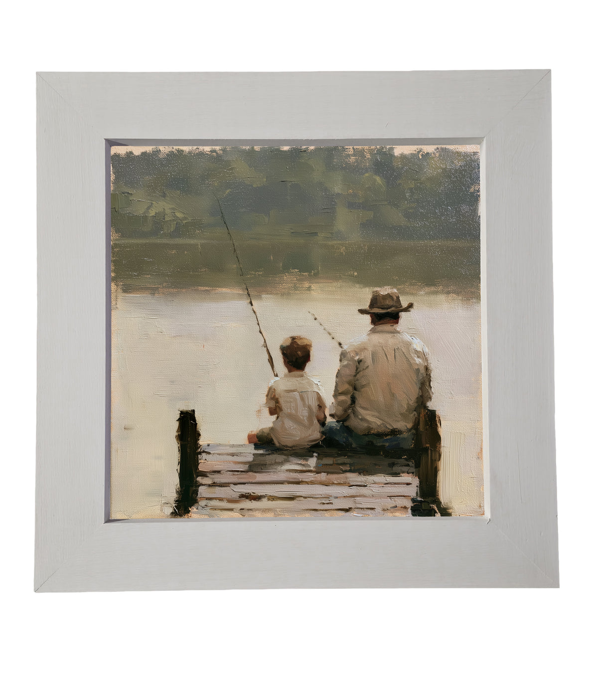 Traditional oil painting with loose, restrained brushwork in neutral and gold tones, framed for farmhouse decor
