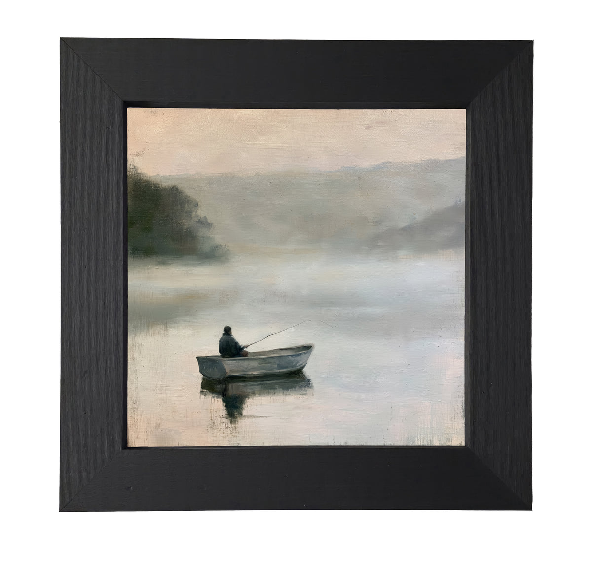farmhouse landscape oil painting with loose, restrained brushwork in neutral tones, framed