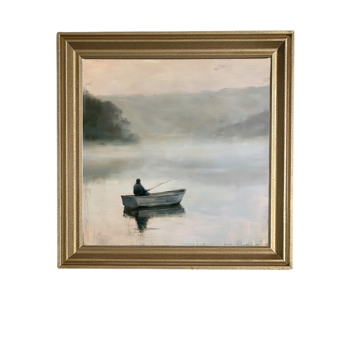 farmhouse landscape oil painting with loose, restrained brushwork in neutral tones, framed — product view 6